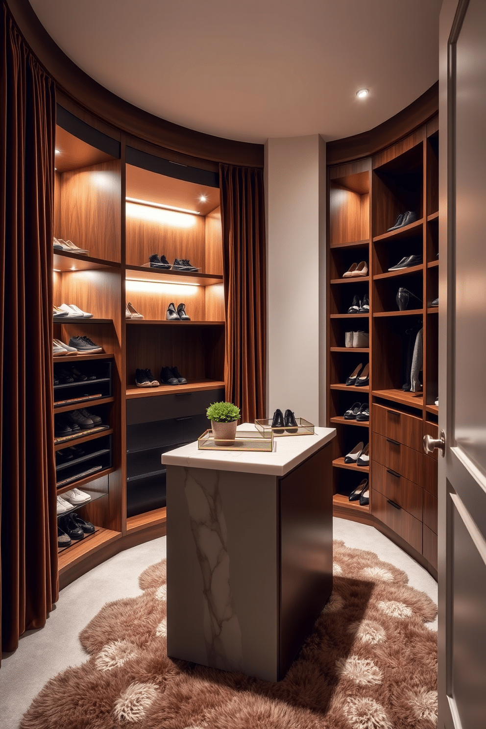 A luxurious guest bedroom walk-in closet featuring a blend of rich textures, including plush velvet drapes and sleek wooden shelving. The space is illuminated by soft, warm lighting that highlights the elegant display of shoes and accessories arranged on stylish organizers. A central island with a marble top serves as a functional workspace, adorned with decorative trays and a small potted plant. The walls are painted in a calming neutral tone, while a plush area rug adds warmth underfoot, creating an inviting atmosphere for guests.