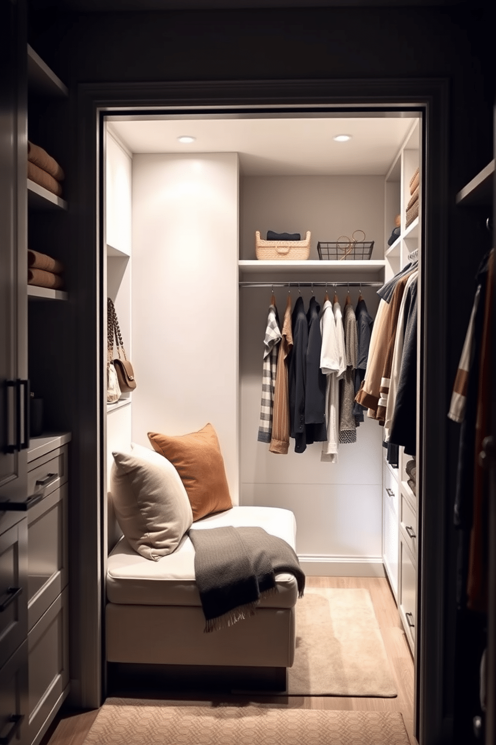 A stylish guest bedroom walk-in closet features a combination of open shelving and closed cabinetry, providing ample storage for seasonal clothing. Soft, ambient lighting illuminates the space, highlighting a cozy seating area adorned with plush cushions, perfect for trying on outfits. The walls are painted in a calming neutral tone, while a chic area rug adds warmth underfoot. Elegant hooks and hangers are strategically placed to organize accessories, ensuring the closet remains both functional and aesthetically pleasing.