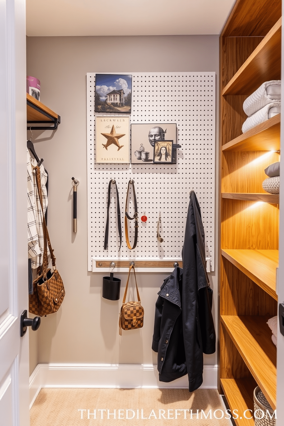 A stylish guest bedroom walk-in closet features a pegboard wall for functional decor, allowing guests to easily hang accessories and personal items. The space is illuminated by soft, ambient lighting, enhancing the warm wood shelving that complements the overall design aesthetic.