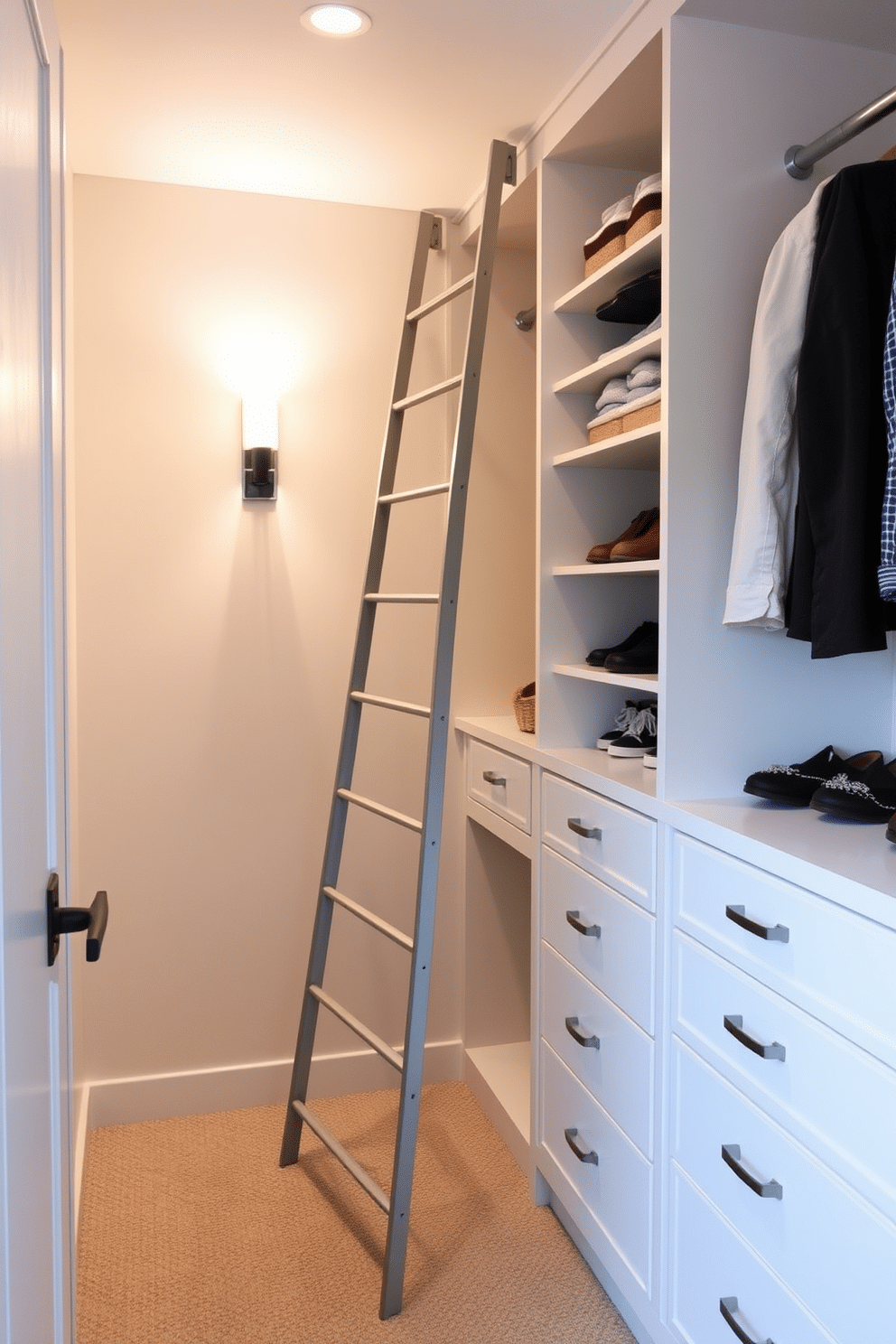 A stylish guest bedroom walk-in closet features a sleek ladder leaning against a wall, providing access to additional shelving for shoes and accessories. The space is adorned with soft lighting, and the walls are painted in a calming neutral tone, creating a welcoming atmosphere for guests.