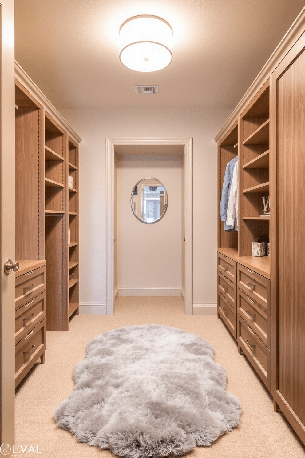 A stylish guest bedroom walk-in closet features soft beige walls that create a warm and inviting atmosphere. The closet is equipped with custom shelving and hanging space, utilizing a color palette of muted pastels to enhance the overall design. Elegant wooden cabinets with brushed nickel handles provide ample storage while maintaining a clean aesthetic. A plush area rug in a light grey tone is placed in the center, adding comfort and a touch of luxury to the space.