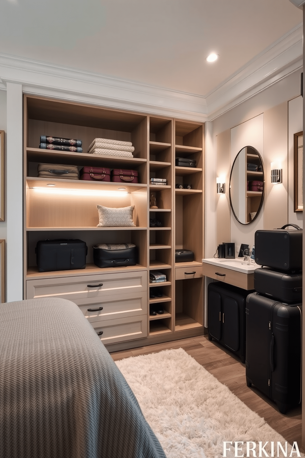 A stylish guest bedroom walk-in closet features custom cabinetry with a blend of open shelving and closed storage, providing ample space for luggage and personal items. Soft, ambient lighting illuminates the area, complemented by a plush area rug that adds warmth and comfort underfoot.