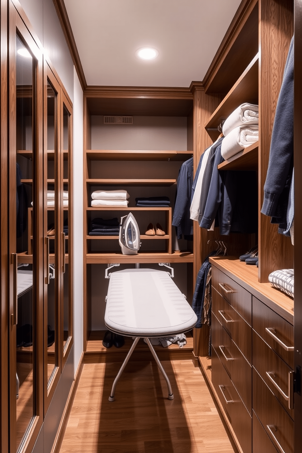 A stylish guest bedroom walk-in closet features a fold-down ironing board integrated into the cabinetry for convenience. The space is adorned with custom shelving for shoes and accessories, while soft lighting highlights the elegant finishes of the wood and fabric used throughout.