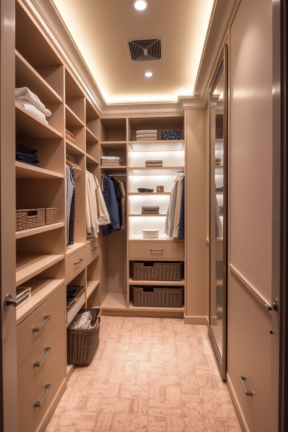 A luxurious guest bedroom walk-in closet features a spacious layout with elegant shelving and storage solutions. The closet is illuminated by a lighted closet rod, providing ample visibility for clothing and accessories. Soft, neutral tones adorn the walls, complemented by plush carpeting that adds warmth to the space. Stylish bins and baskets neatly organize smaller items, while a full-length mirror enhances the sense of openness.