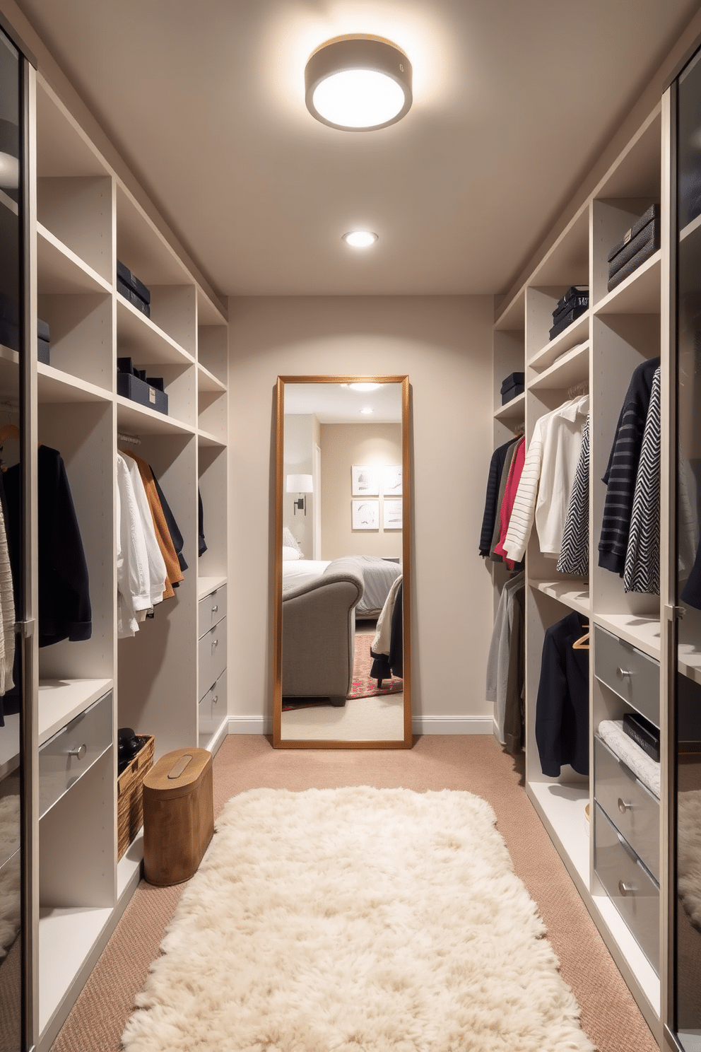 A stylish guest bedroom walk-in closet features a full-length mirror positioned against a wall, reflecting the soft, ambient lighting from the ceiling fixture. The space is adorned with custom shelving and hanging rods, providing ample storage for clothing and accessories, while a plush area rug adds warmth underfoot.