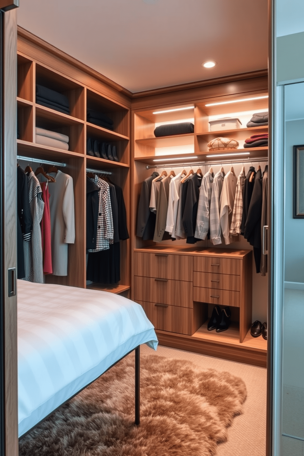 A stylish guest bedroom walk-in closet designed to maximize space and organization. The closet features distinct zones for different clothing types, including a section for formal wear, casual outfits, and accessories, all neatly arranged on open shelving and hanging rods. Soft, ambient lighting illuminates the space, highlighting the rich wood cabinetry and elegant finishes. A plush area rug adds warmth, while a full-length mirror enhances the sense of openness and functionality.