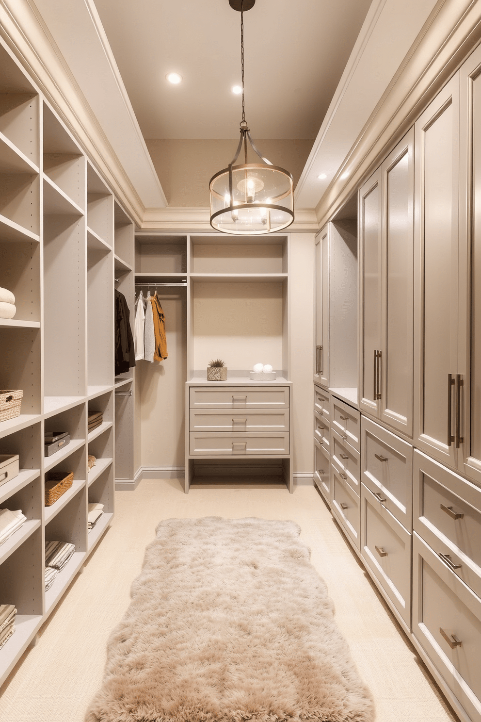 A serene guest bedroom walk-in closet designed with neutral colors to create a calming atmosphere. Soft beige walls complement the light gray cabinetry, providing ample storage with a mix of open shelving and closed drawers. The space features a plush area rug in a muted tone, enhancing the comfort of the room. Elegant pendant lighting hangs from the ceiling, illuminating the closet while adding a touch of sophistication.