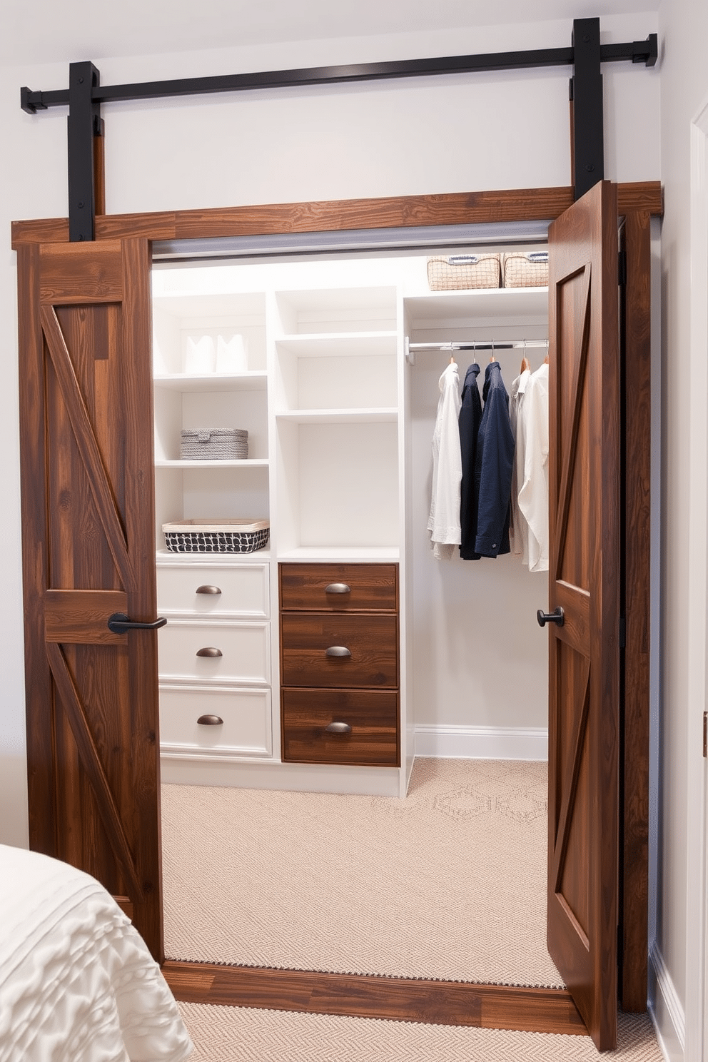 A guest bedroom walk-in closet features stylish sliding barn doors that add a rustic charm to the space. Inside, custom shelving and hanging racks are designed to maximize storage while maintaining an elegant aesthetic.