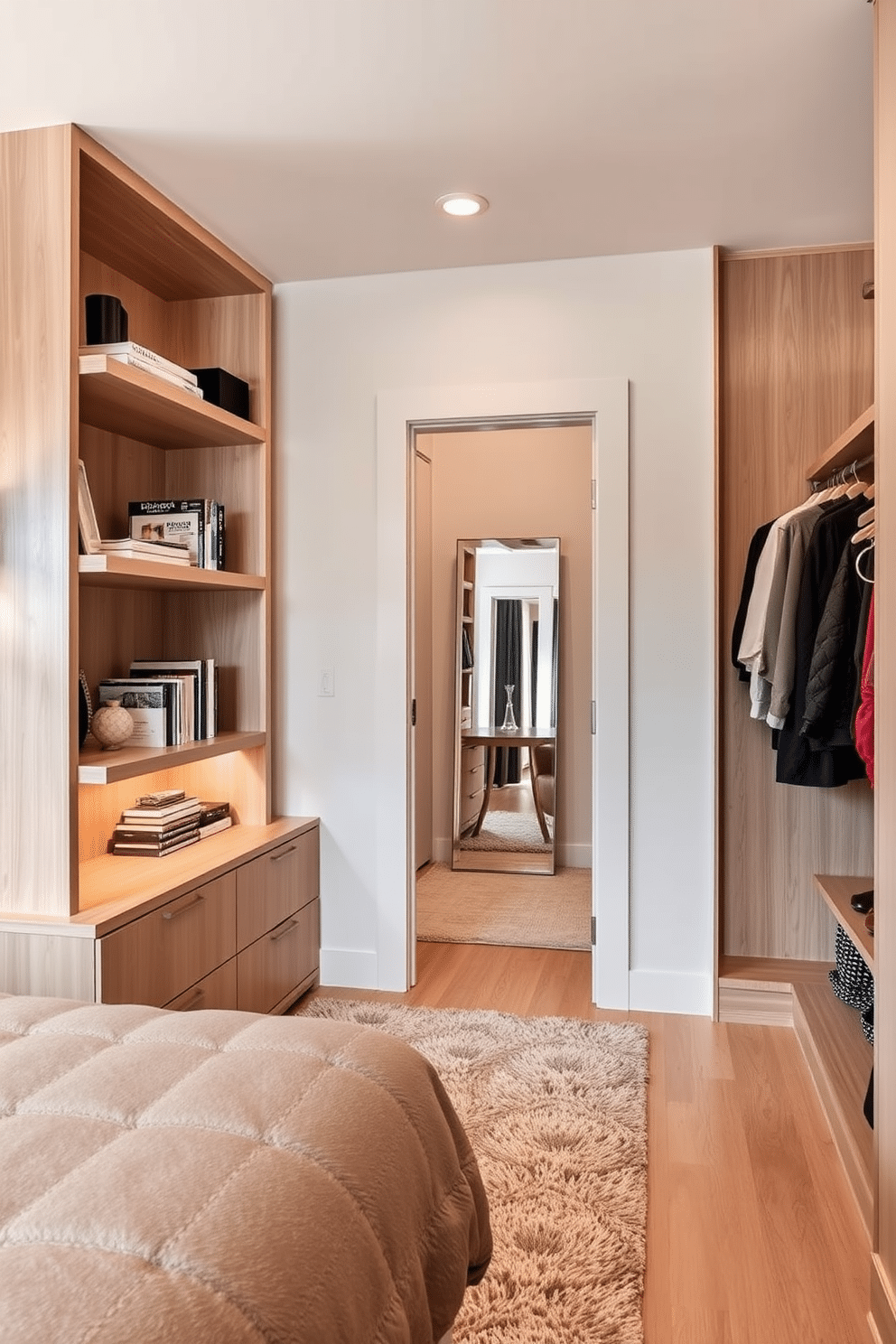 Open shelving lines the walls of the guest bedroom, elegantly showcasing a curated selection of accessories, books, and decorative items. The shelves are crafted from light wood, adding warmth to the space, while soft ambient lighting highlights the displayed treasures. The walk-in closet features a spacious layout with built-in shelving and hanging rods, providing ample storage for clothing and accessories. A plush area rug adds comfort underfoot, and a full-length mirror is strategically placed to enhance the room's functionality and style.