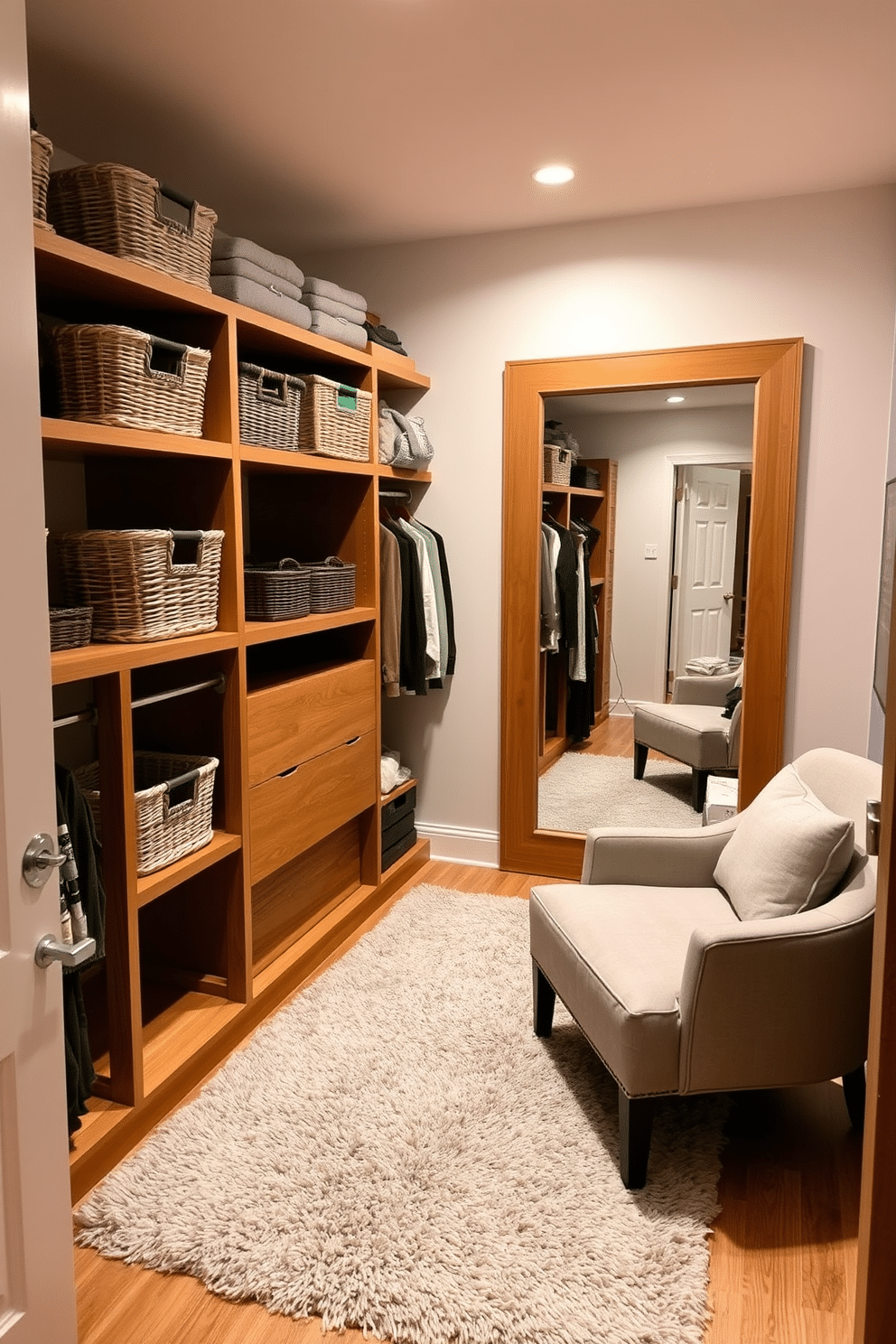 A stylish guest bedroom walk-in closet features decorative baskets neatly arranged on sturdy wooden shelves, providing both functionality and aesthetic appeal. Soft lighting illuminates the space, highlighting a plush area rug that adds warmth and comfort to the room. The closet includes a full-length mirror framed in natural wood, enhancing the inviting atmosphere. A cozy armchair sits in one corner, offering a perfect spot for guests to relax while choosing their outfits.