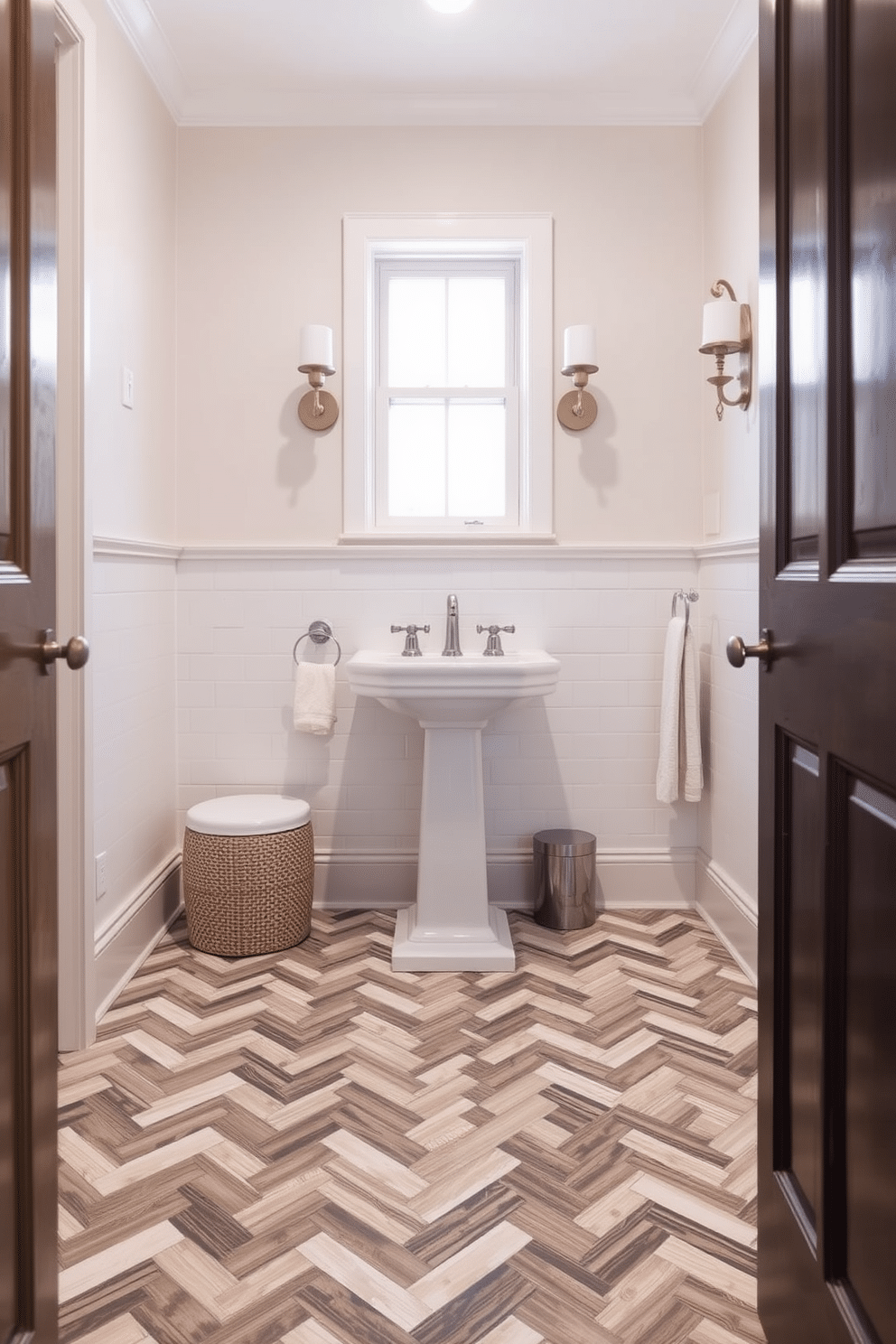 A stylish half bath featuring dynamic chevron tile flooring in a mix of light and dark tones. The walls are adorned with soft, neutral paint, complemented by elegant fixtures and a modern pedestal sink.