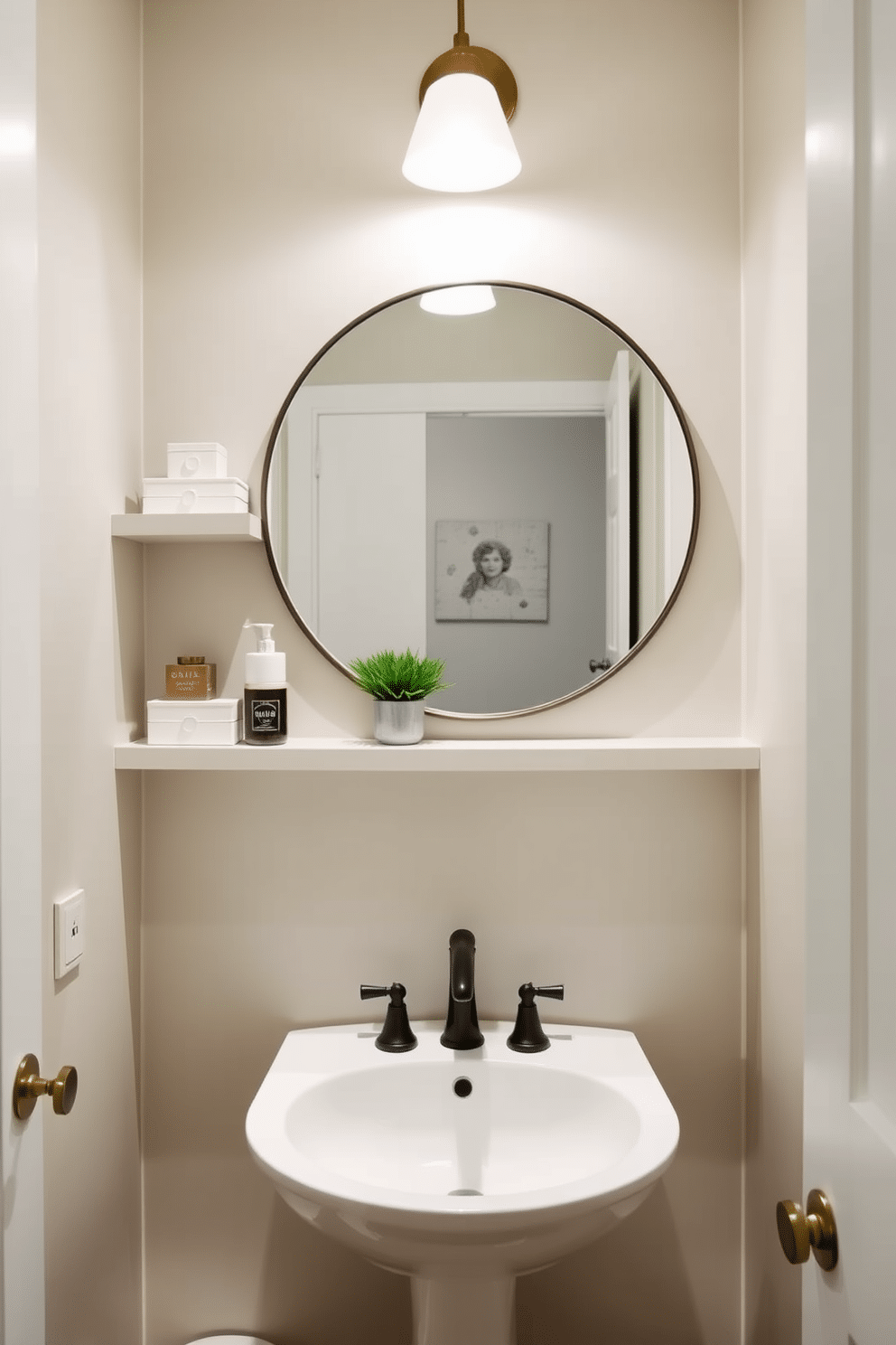 A chic half bath featuring open shelving that combines functionality with style. The shelves are adorned with neatly arranged decorative boxes, elegant toiletries, and a small potted plant for a touch of greenery. The walls are painted in a soft, muted tone, enhancing the room's brightness. A sleek, modern sink sits beneath a large round mirror, reflecting the tasteful decor and creating an inviting atmosphere.