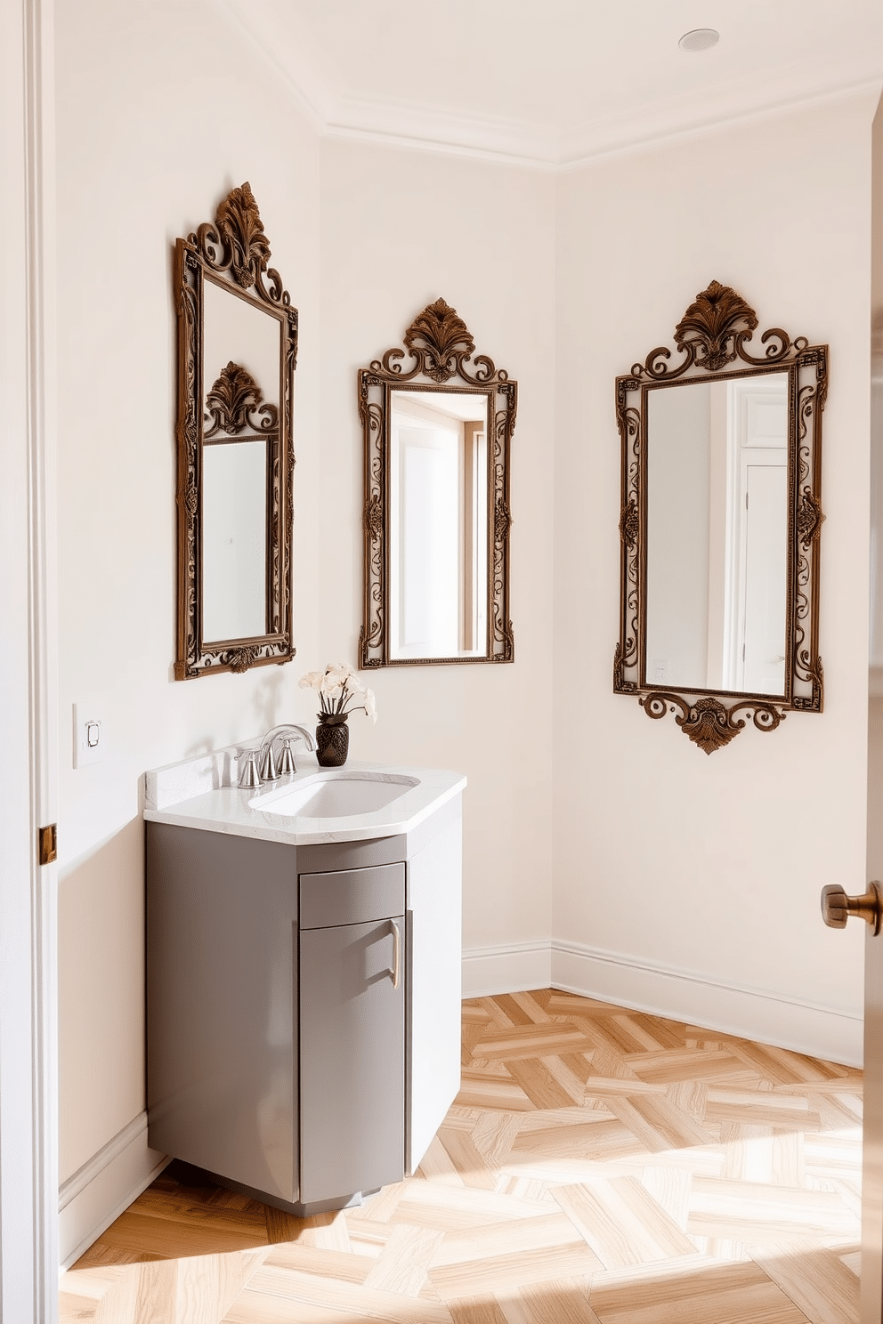 A stylish half bath powder room featuring decorative mirrors that enhance natural light. The walls are adorned with a soft, neutral paint color, complemented by a sleek, modern vanity with a polished countertop. On one side, a set of ornate mirrors with intricate frames reflects the light, creating an illusion of spaciousness. The flooring is a chic herringbone pattern in light wood, adding warmth to the overall design.