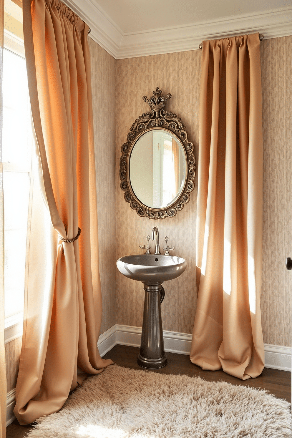 Elegant drapery frames the windows of a half bath powder room, cascading in luxurious layers of soft fabric that add warmth and sophistication. The color palette features subtle earth tones, enhancing the serene atmosphere while allowing natural light to filter gently through the sheer panels. A stylish pedestal sink takes center stage, complemented by a chic wall-mounted mirror with intricate detailing. The walls are adorned with textured wallpaper, and a plush area rug adds a touch of comfort underfoot, creating an inviting and elegant space.