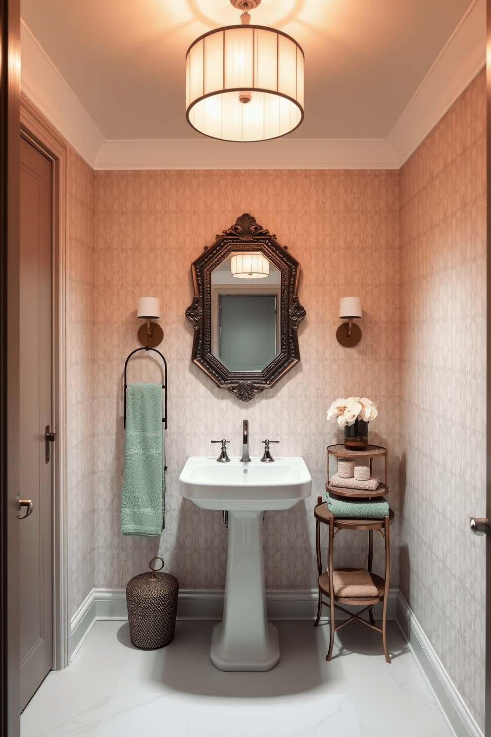 A chic half bath powder room featuring a statement light fixture as the focal point, casting a warm glow over the space. The walls are adorned with a textured wallpaper in soft pastels, while a sleek pedestal sink complements the modern aesthetic. Elegant accents include a stylish mirror with an ornate frame above the sink and a small side table showcasing decorative items. The floor is finished with polished tiles, and plush towels in coordinating colors are neatly arranged for a sophisticated touch.