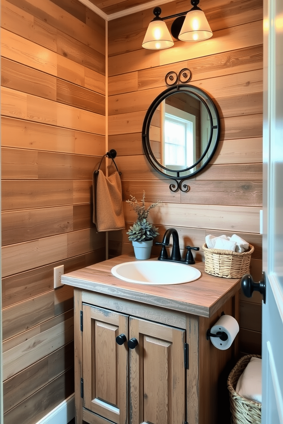 A charming half bath featuring rustic wood elements that exude warmth and coziness. The walls are adorned with reclaimed wood paneling, complemented by a vintage wooden vanity with a distressed finish. A round mirror with a wrought iron frame hangs above the sink, reflecting the natural textures of the space. Soft, ambient lighting illuminates the room, highlighting a small potted plant on the countertop and a woven basket for storage.