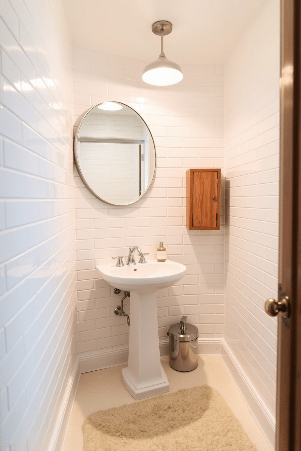 A stylish half bath featuring classic white subway tiles that extend from floor to ceiling, creating a clean and timeless look. The space includes a sleek pedestal sink with a polished chrome faucet and a large round mirror above, reflecting warm light from a contemporary fixture. To the right, a compact wooden cabinet provides storage while maintaining an open feel. A soft, neutral color palette enhances the ambiance, complemented by a plush area rug that adds comfort underfoot.