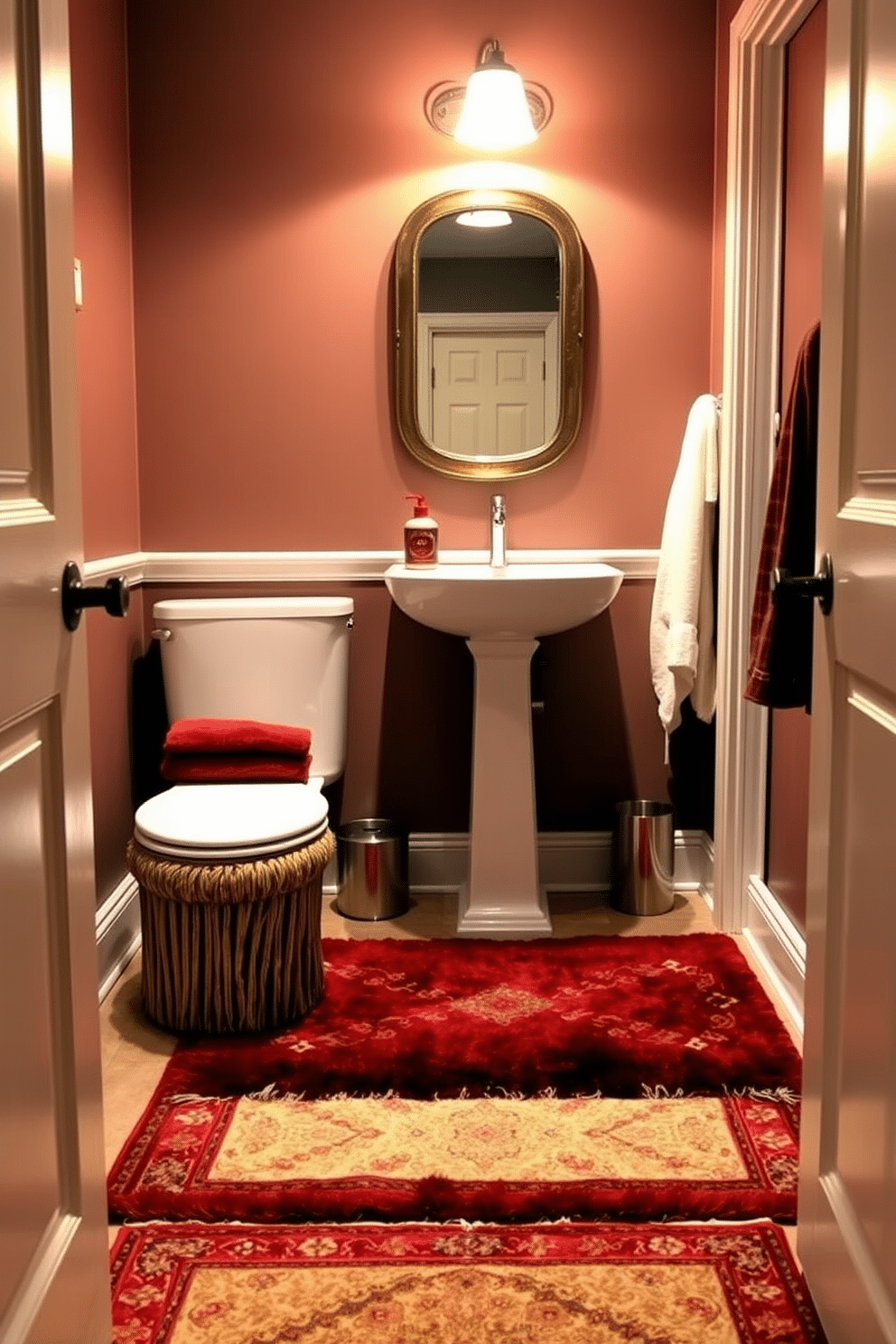 A cozy half bath featuring layered rugs that add warmth and texture to the space. The rugs are in complementary colors, creating a welcoming atmosphere underfoot. The powder room is designed with elegant fixtures, including a sleek pedestal sink and a stylish wall-mounted mirror. Soft lighting highlights the rich tones of the layered rugs, enhancing the overall inviting ambiance.