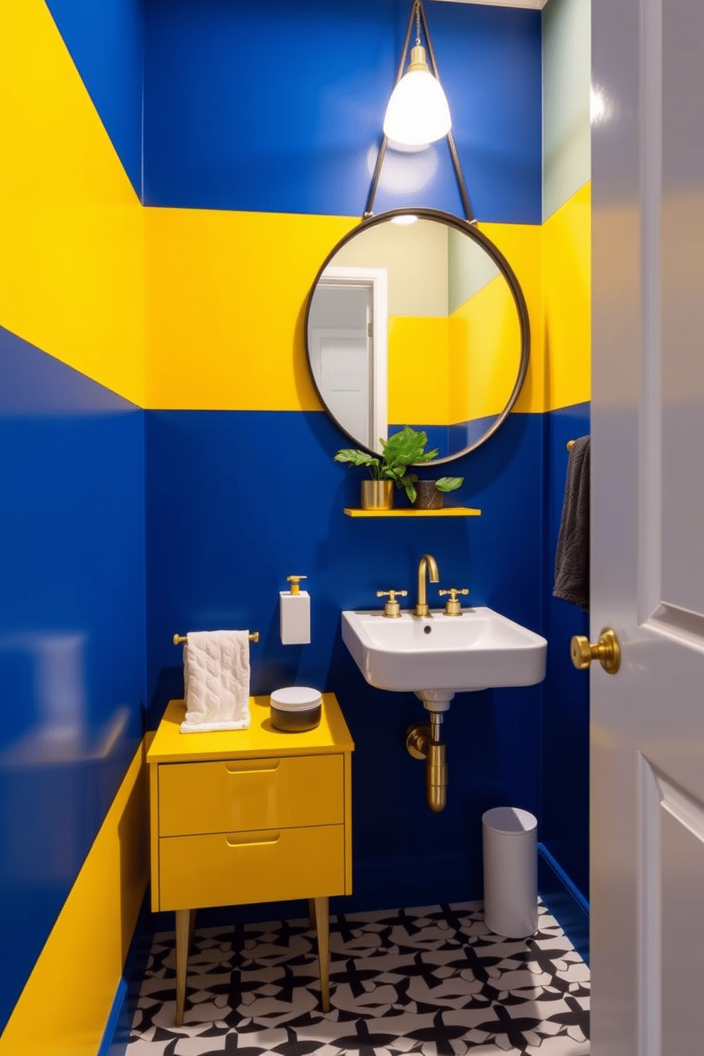 A striking half bath with bold color-blocking elements, featuring a vibrant blue accent wall contrasted by a bright yellow vanity. The space includes a sleek white sink and gold fixtures, creating a modern yet playful atmosphere. The floor is adorned with geometric patterned tiles in black and white, enhancing the contemporary feel. A large round mirror with a thin black frame reflects the dynamic colors, while potted greenery adds a touch of freshness to the design.