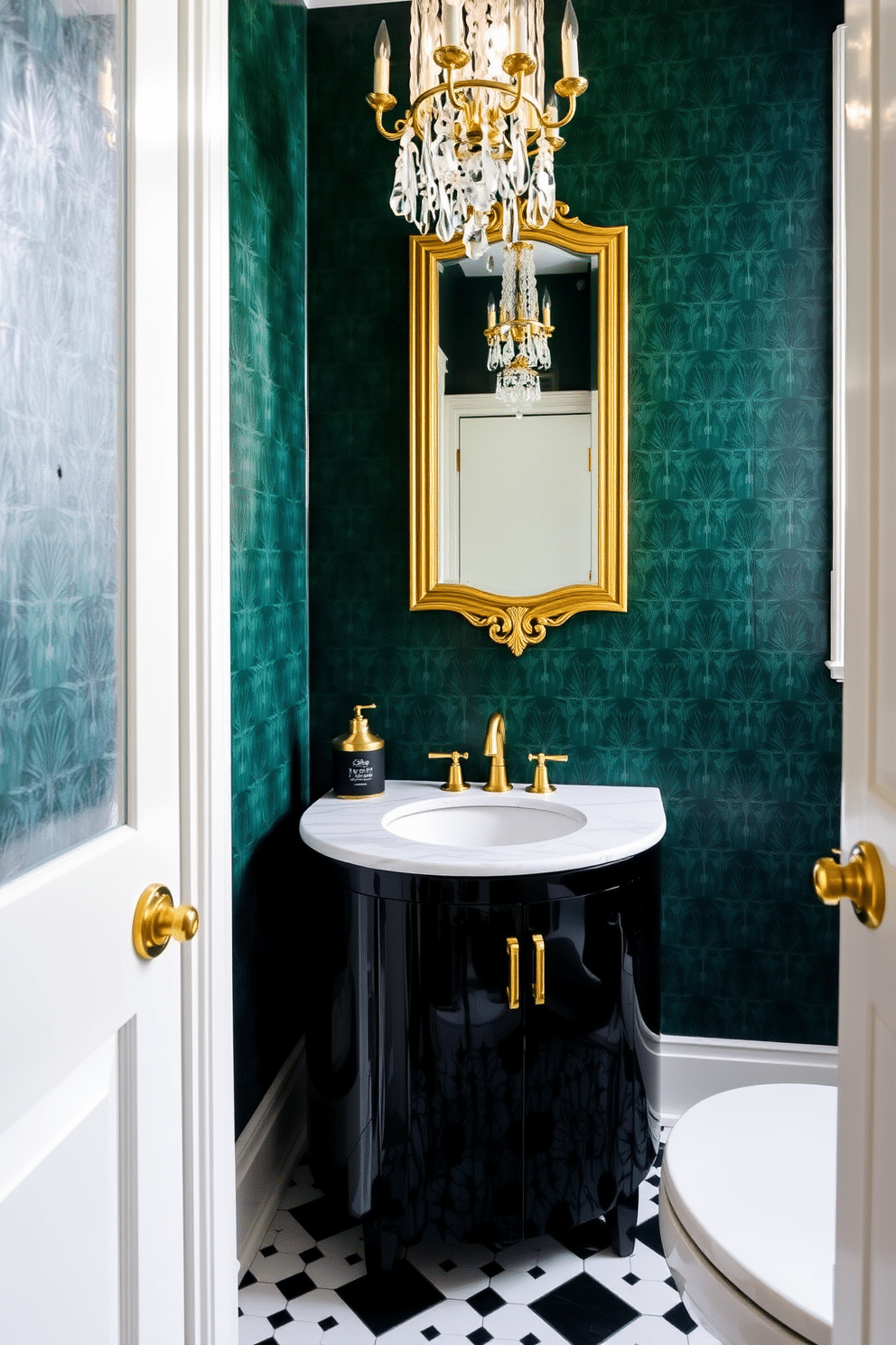 A chic half bath featuring art deco accents that exude vintage glam. The walls are adorned with a deep emerald green wallpaper, embellished with gold geometric patterns, while the floor is laid with black and white checkered tiles. A sleek, rounded vanity in glossy black with a white marble top sits against the wall, complemented by a vintage-style gold faucet. Above the vanity, an ornate gold-framed mirror reflects the soft glow of a crystal chandelier hanging from the ceiling, enhancing the luxurious ambiance.