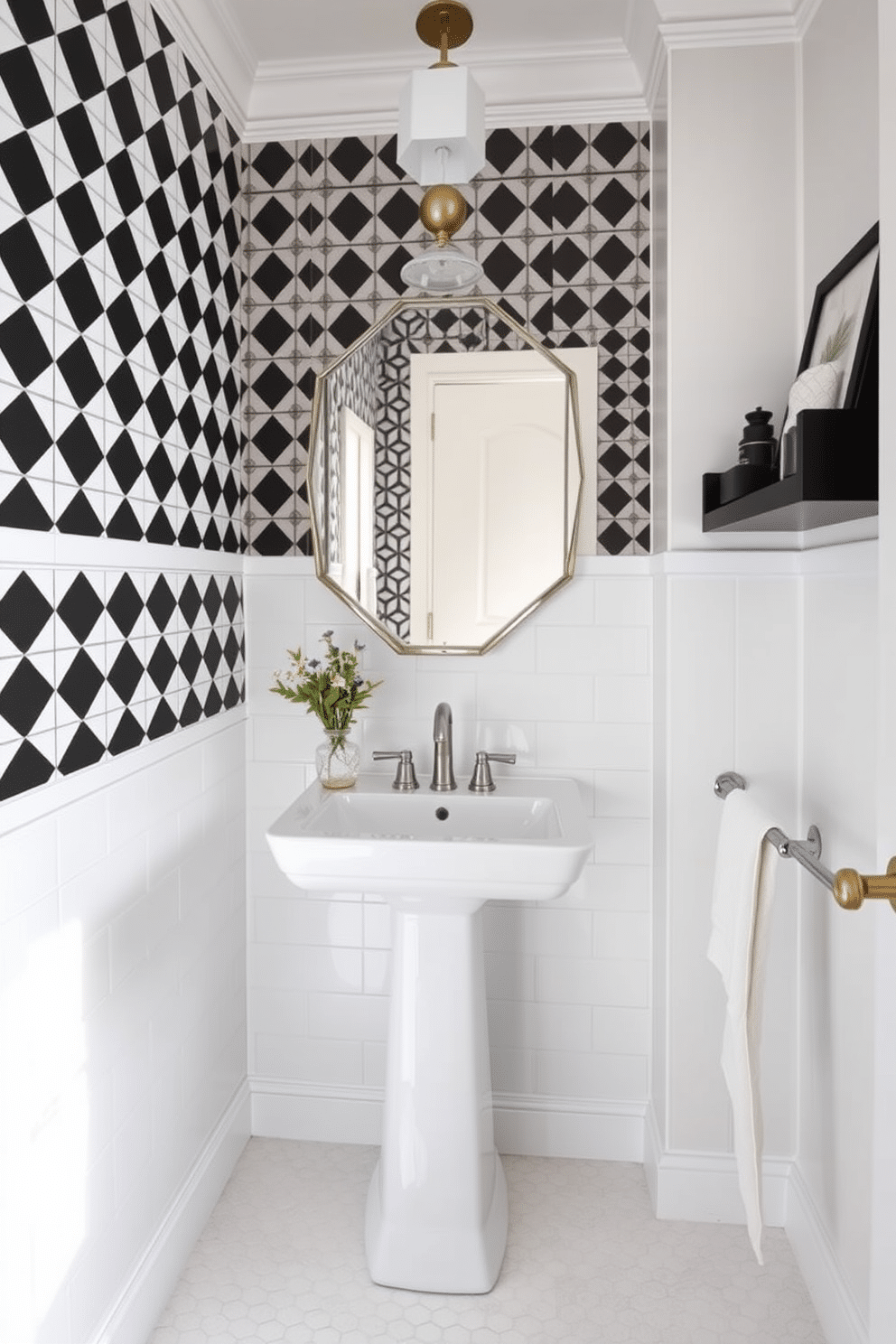 A chic half bath featuring geometric patterns on the walls, with a striking black and white color scheme. The floor is adorned with hexagonal tiles, and a sleek pedestal sink complements the modern aesthetic. A stylish mirror with a geometric frame hangs above the sink, reflecting the unique tile design. Minimalist shelving displays decorative items, adding a touch of personality to the contemporary space.