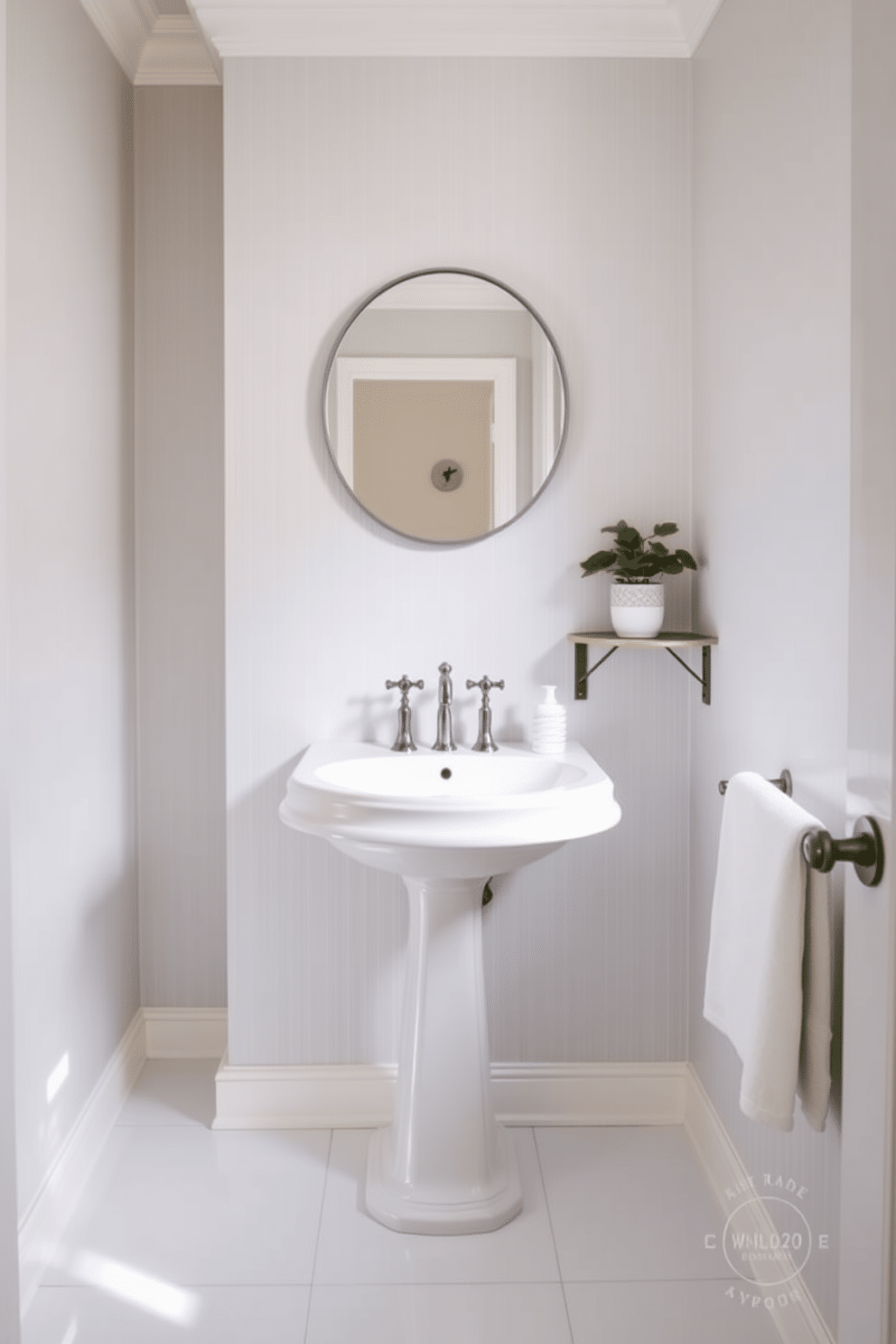 A stylish half bath featuring an elegant pedestal sink that maximizes space efficiency. The walls are adorned with soft, light gray wallpaper, complemented by a chic, round mirror above the sink, adding a touch of sophistication. The floor is covered in a glossy white tile that reflects natural light, enhancing the airy feel of the room. A small, decorative shelf holds neatly folded towels and a potted plant, bringing a fresh touch to the minimalist design.