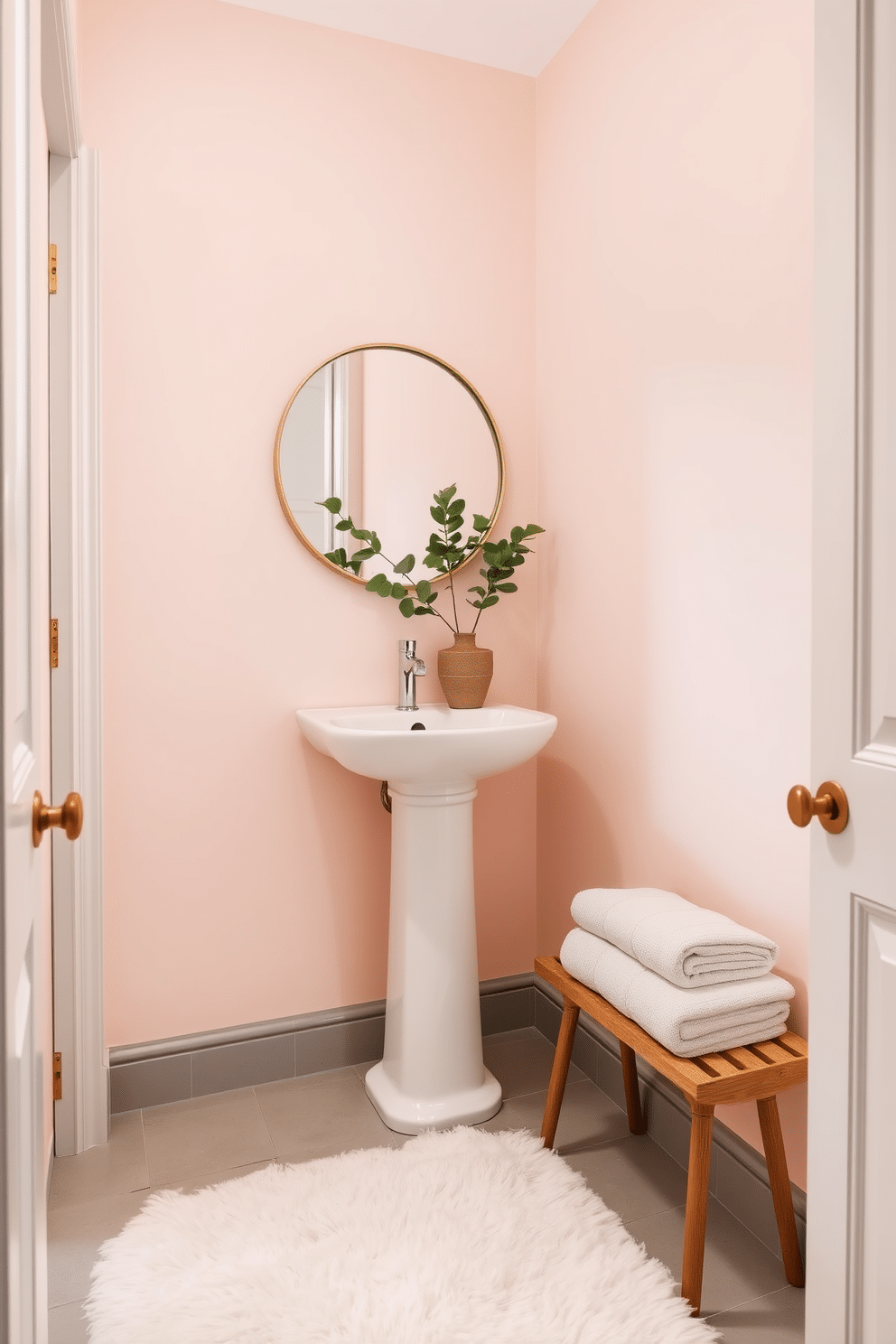 A serene half bath featuring soft pastel colors, with walls painted in a gentle blush pink. The space includes a sleek white pedestal sink and a round mirror with a delicate gold trim, creating a harmonious and inviting atmosphere. The floor is adorned with light gray tiles, complemented by a plush white rug that adds warmth. A small wooden shelf holds neatly folded pastel towels and a potted plant, enhancing the calming aesthetic of the room.