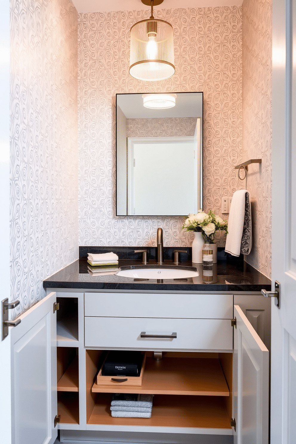 A stylish half bath featuring innovative under-sink storage solutions. The cabinetry includes sleek pull-out drawers and open shelving, maximizing space while keeping essentials easily accessible. The walls are adorned with elegant wallpaper in a subtle pattern, complemented by a chic mirror above the sink. A modern light fixture illuminates the space, enhancing the overall design with a touch of sophistication.