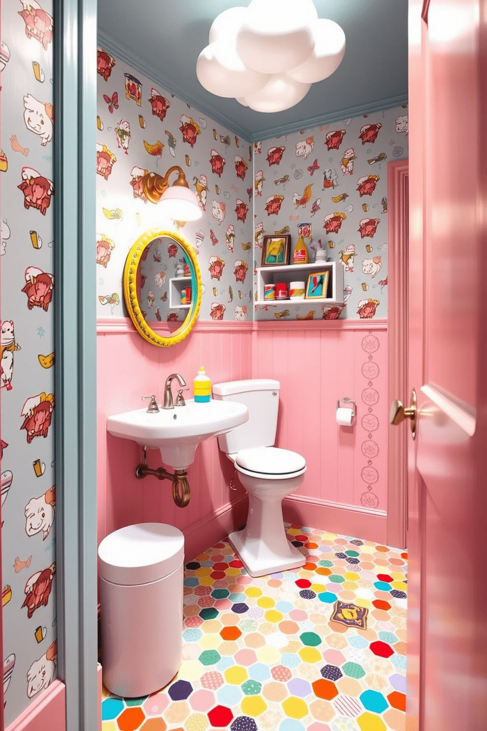 A whimsical half bath features a vibrant color palette with playful wallpaper adorned with cartoonish patterns. A round mirror with a colorful frame hangs above a quirky pedestal sink, while a small shelf displays an array of fun, mismatched accessories. The flooring is a cheerful mosaic of tiles in various bright hues, creating a lively contrast with the soft pastel walls. A whimsical light fixture shaped like a cloud illuminates the space, enhancing the playful atmosphere.