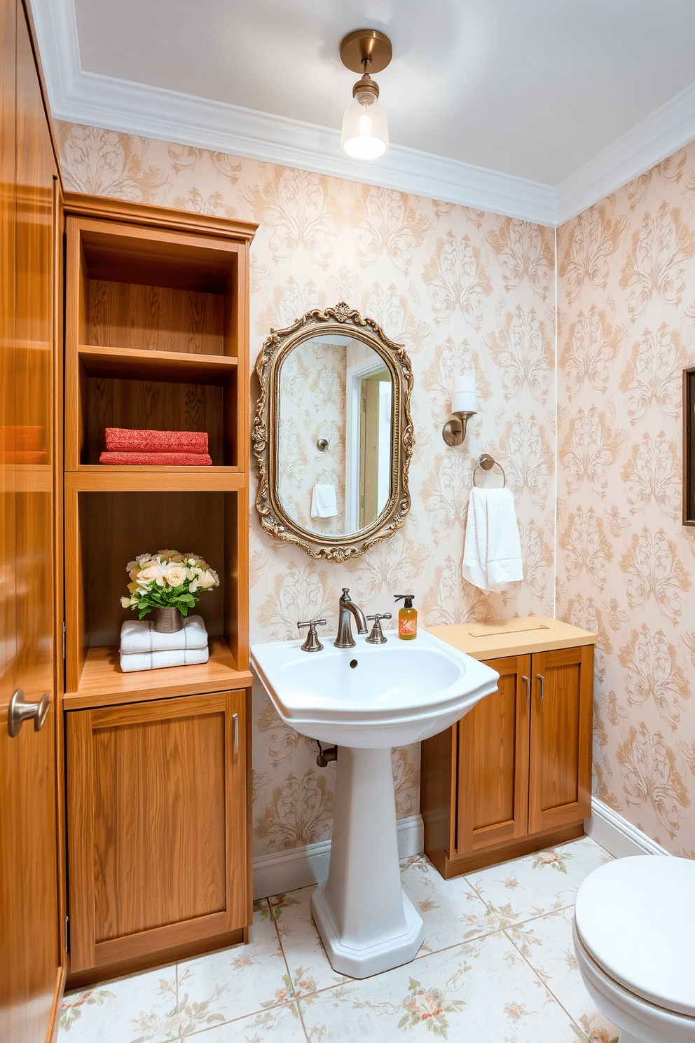 Custom cabinetry for personalized storage. The cabinetry features a sleek design with a mix of open shelves and closed compartments, finished in a warm wood tone that complements the overall decor. Half Bath Powder Room Design Ideas. The space includes a stylish pedestal sink paired with a vintage mirror, accented by elegant wallpaper in a soft, floral pattern, creating a welcoming ambiance.