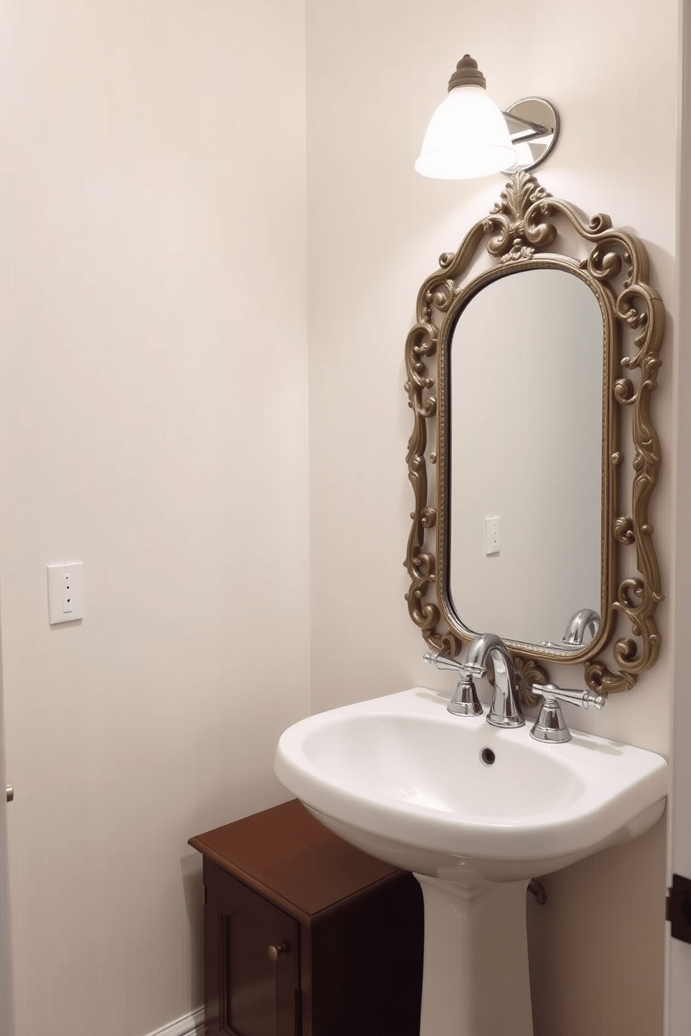 A half bath featuring vintage-style fixtures that exude classic charm. The space includes a pedestal sink with a polished chrome faucet, complemented by a wall-mounted mirror with an ornate frame. The walls are adorned with soft pastel wallpaper, creating a warm and inviting atmosphere. A small wooden cabinet sits beneath the sink, providing storage while maintaining the room's elegant aesthetic.