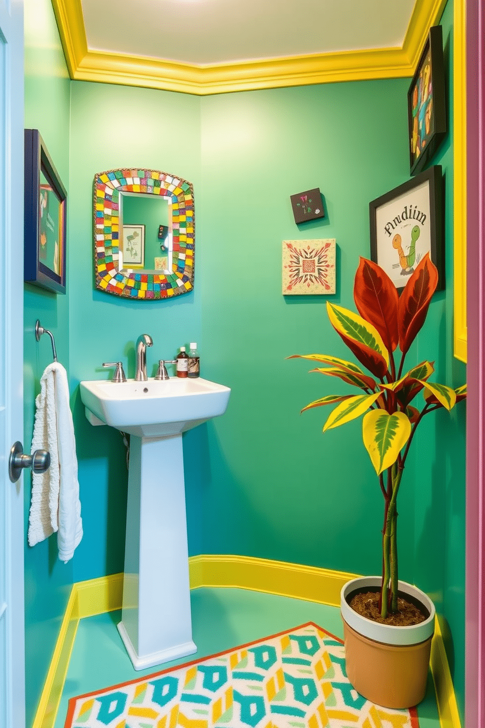 A vibrant half bath features walls painted in a striking teal, accented with bright yellow trim. The space includes a sleek white pedestal sink and a bold, geometric-patterned rug that adds energy to the floor. An eye-catching mirror with a colorful mosaic frame hangs above the sink, reflecting the lively hues of the room. To enhance the playful atmosphere, a collection of quirky wall art and a potted plant with large, vibrant leaves are strategically placed for added visual interest.