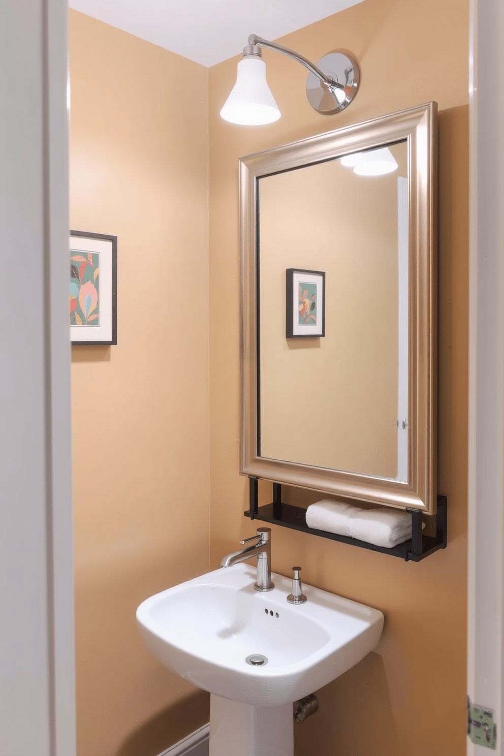 A cozy half bath features a sleek pedestal sink with a modern faucet, complemented by a wall-mounted mirror framed in brushed nickel. Small-scale artwork, such as a colorful abstract piece or a vintage botanical print, adorns the walls, adding a personal touch to the space. The walls are painted in a soft, warm hue that enhances the natural light, while a stylish light fixture provides ample illumination. A compact storage solution, like a floating shelf, showcases decorative items and fresh towels, making the room both functional and inviting.