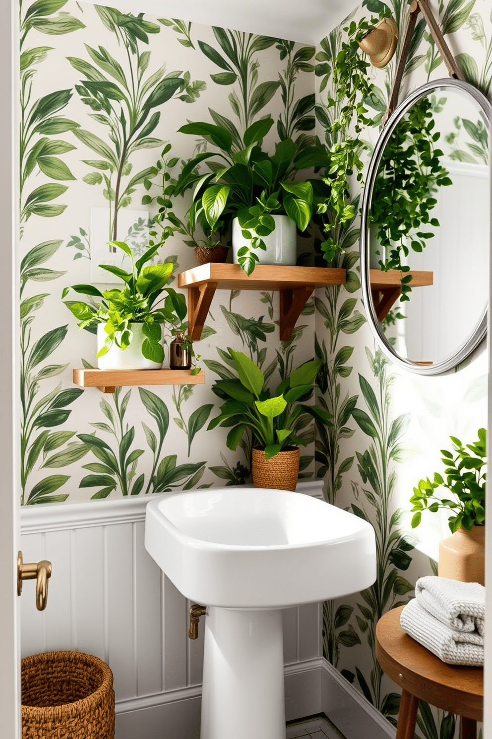 A stylish half bath featuring lush greenery that brings a touch of natural freshness to the space. The walls are adorned with botanical wallpaper, while a modern pedestal sink complements the vibrant plants placed on floating shelves. Incorporate a chic mirror with a sleek frame that reflects the greenery, enhancing the room's brightness. Earthy tones in the decor, such as a woven basket for towels and a wooden accent table, create a warm and inviting atmosphere.