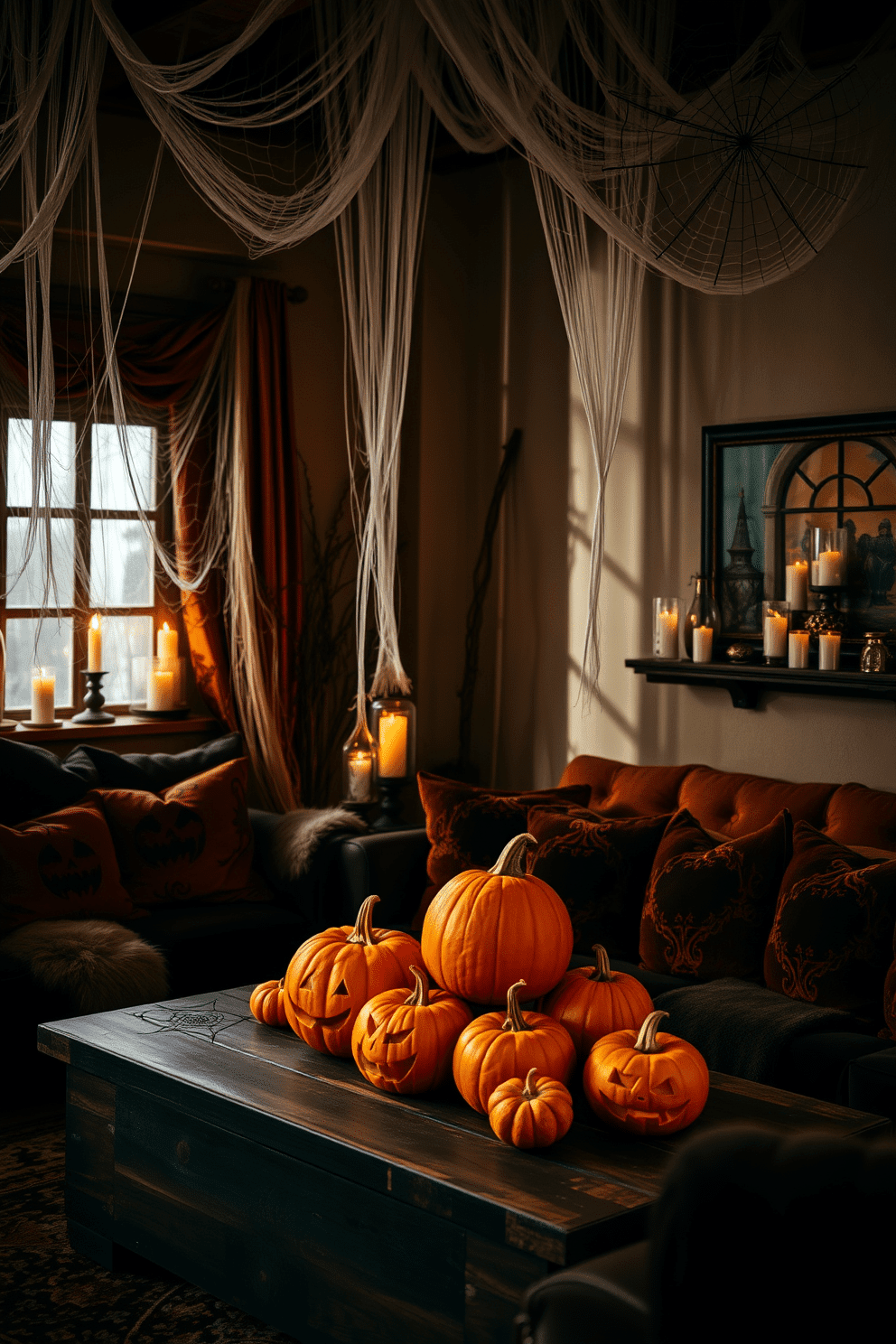 A cozy living room adorned with spooky spider webs draping from the corners of the ceiling. Flickering candlelight casts eerie shadows on the walls, enhancing the Halloween atmosphere. Pumpkins of various sizes are arranged on a rustic coffee table, some carved with ghoulish faces. Plush throw pillows in deep orange and black tones invite guests to sit and enjoy the festive decor.