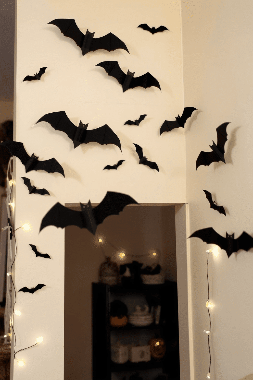 Decorative bats flying across walls create a whimsical yet spooky atmosphere in your Halloween-themed apartment. The bats are crafted from black paper and vary in size, casting playful shadows as they flutter across the light-colored walls. Incorporate additional Halloween elements like pumpkin accents and cobwebs to enhance the festive feel. Soft lighting from string lights adds a warm glow, making the space inviting while maintaining the eerie charm of the season.