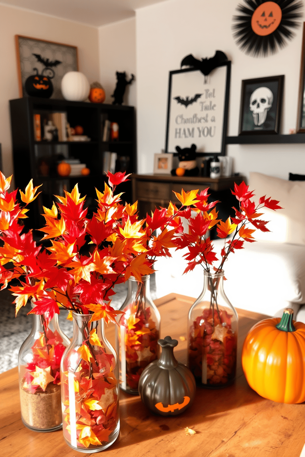 A cozy living room adorned with glass vases filled with vibrant autumn leaves. The warm hues of red, orange, and yellow create a seasonal ambiance, complementing the rustic wooden furniture. Spooky yet stylish Halloween decorations bring a playful touch to the apartment. Black and orange accents, along with themed artwork, enhance the festive atmosphere while maintaining a sophisticated look.