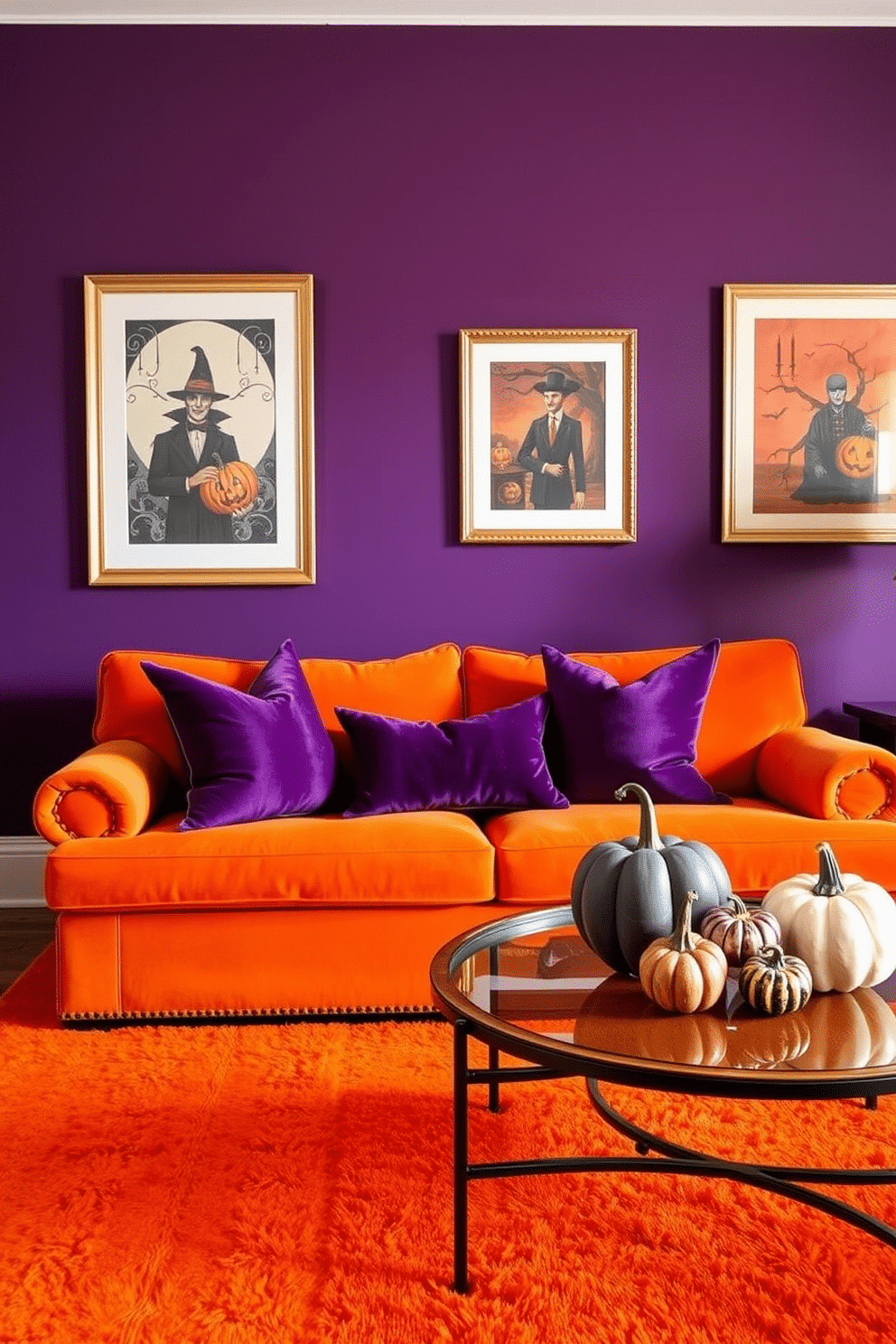 Classic orange and purple color scheme. The living room features an orange velvet sofa adorned with purple throw pillows, complemented by a matching orange area rug. On the walls, deep purple paint creates a rich backdrop for framed Halloween-themed artwork. Decorative pumpkins in various sizes are placed on the coffee table, adding a festive touch to the space.