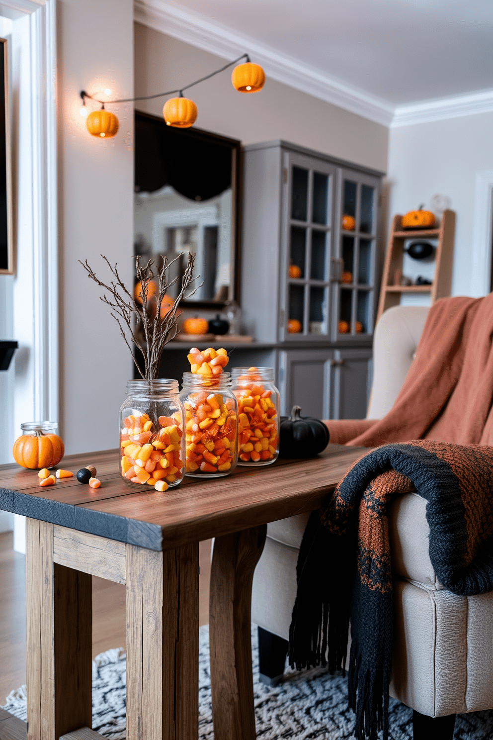 Mason jars filled with vibrant candy corn are arranged on a rustic wooden table, adding a festive touch to the Halloween decor. Soft orange and black accents complement the jars, creating a warm and inviting atmosphere in the apartment. String lights with miniature pumpkins hang above, casting a gentle glow across the room. A cozy throw blanket drapes over a plush armchair, inviting guests to relax and enjoy the seasonal charm.