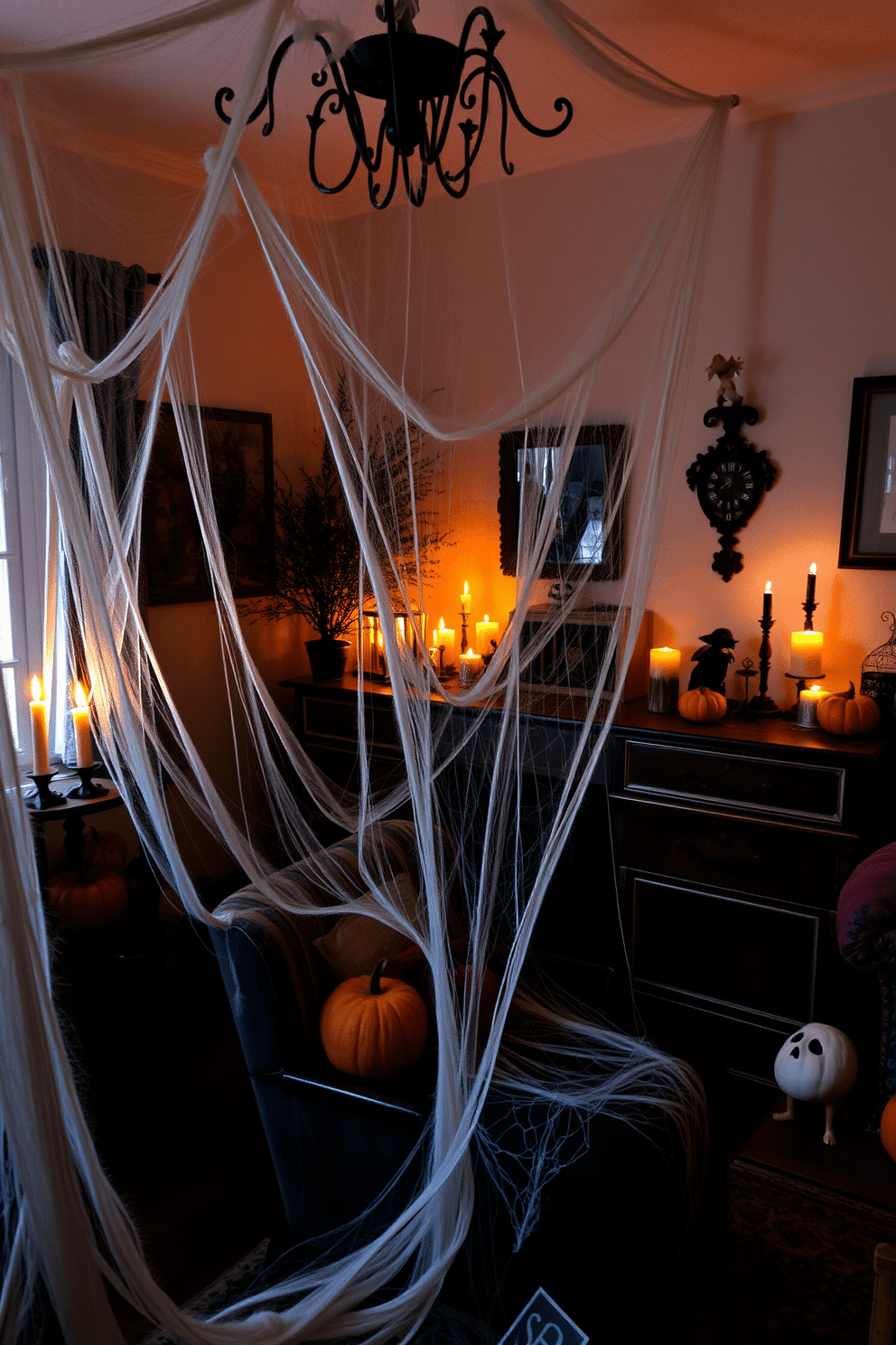 A cozy apartment filled with Halloween spirit. Faux cobwebs are draped over vintage furniture, creating an eerie yet charming atmosphere. Dim lighting enhances the spooky vibe, with flickering candles casting shadows on the walls. Decorative pumpkins and ghostly figures are strategically placed throughout the space, adding to the festive decor.