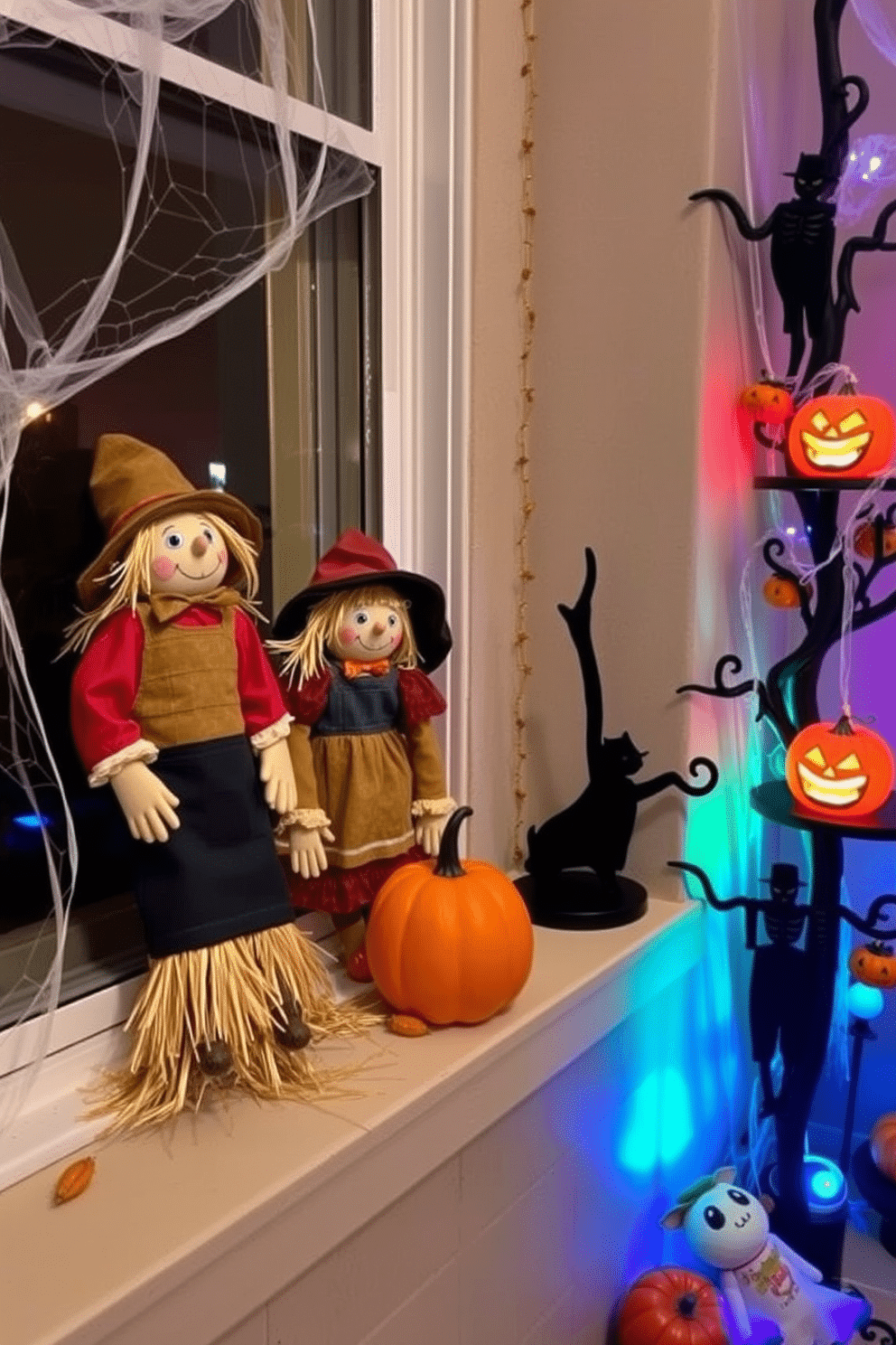 Charming scarecrow figures sit by the windows, adding a whimsical touch to the autumn decor. These delightful figures are dressed in colorful fabrics, with straw accents peeking out, creating a warm and inviting atmosphere. For Halloween apartment decorating ideas, the space is adorned with playful decorations that capture the spirit of the season. Cobwebs drape across the corners, while glowing pumpkins and spooky silhouettes enhance the festive vibe.