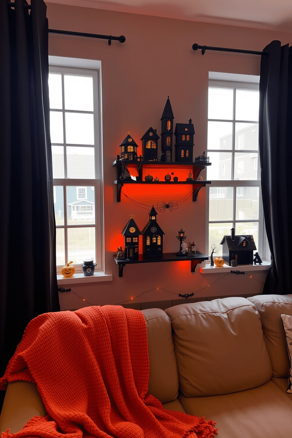 Miniature haunted houses are creatively arranged on shelves, each one uniquely designed with intricate details like cobwebs and tiny ghosts. The shelves are painted in a deep black to enhance the spooky ambiance, while soft orange lights illuminate the houses, casting eerie shadows. The Halloween apartment is adorned with playful decorations, including whimsical pumpkins and spooky garlands. Dark curtains frame the windows, and a cozy throw blanket in Halloween colors drapes over the couch, inviting guests to enjoy the festive atmosphere.