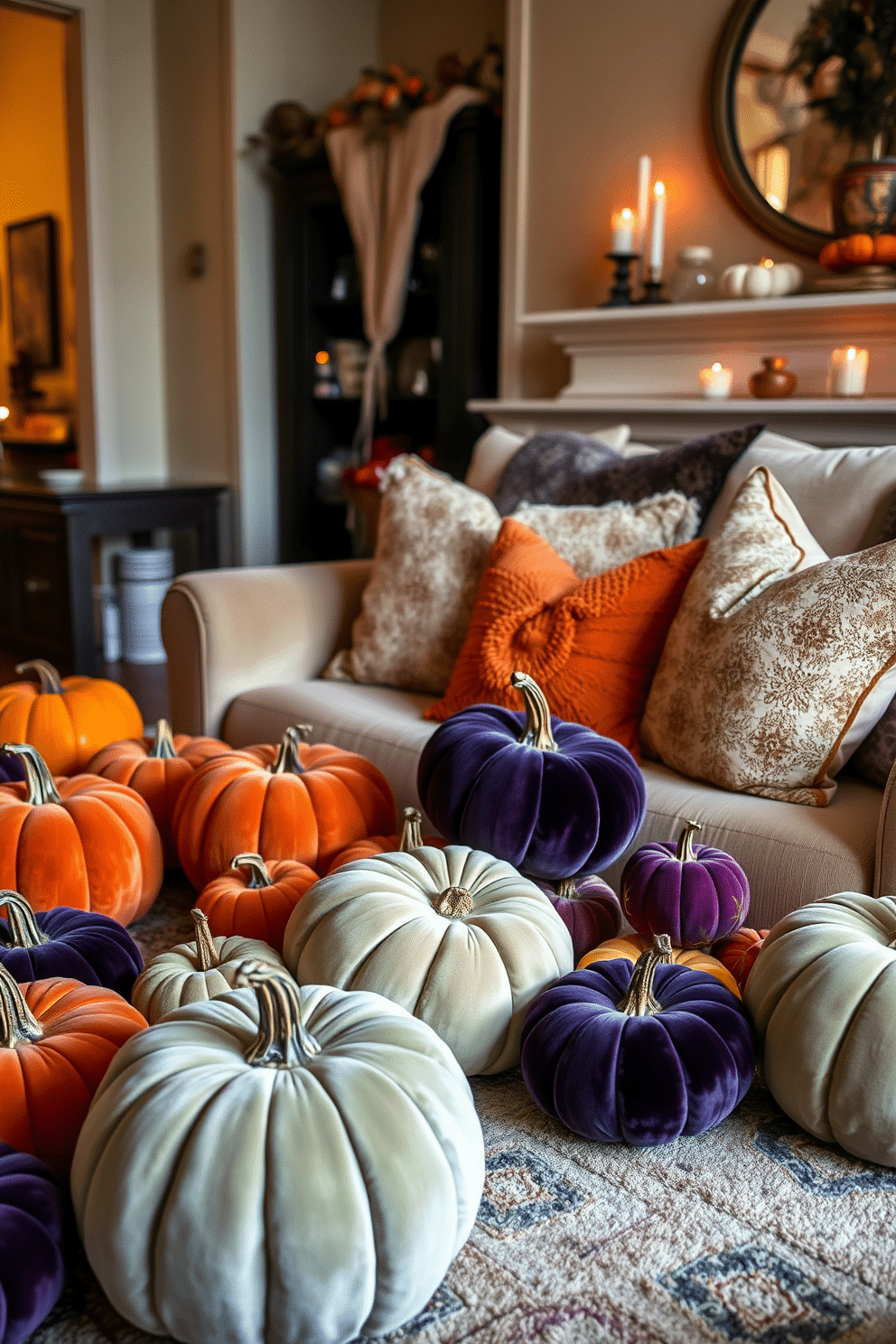 A cozy Halloween-themed apartment decorated with velvet pumpkins in various sizes scattered throughout the living room. The pumpkins are in rich colors of orange, deep purple, and soft green, creating a warm and inviting atmosphere. A plush sofa adorned with seasonal throw pillows complements the pumpkin display. Soft lighting from decorative candles enhances the festive ambiance, making the space perfect for celebrating the season.