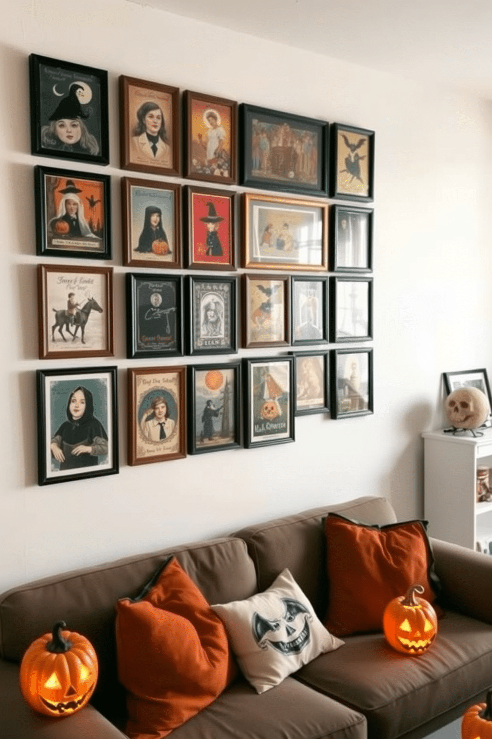 A collection of framed vintage Halloween postcards adorns the wall, showcasing whimsical and spooky designs from the past. The postcards are arranged in a gallery style, creating a charming focal point in the room. The apartment is decorated with subtle Halloween-themed accents, such as orange and black throw pillows on the couch. Soft lighting from carved pumpkin lanterns adds a warm glow, enhancing the festive atmosphere.