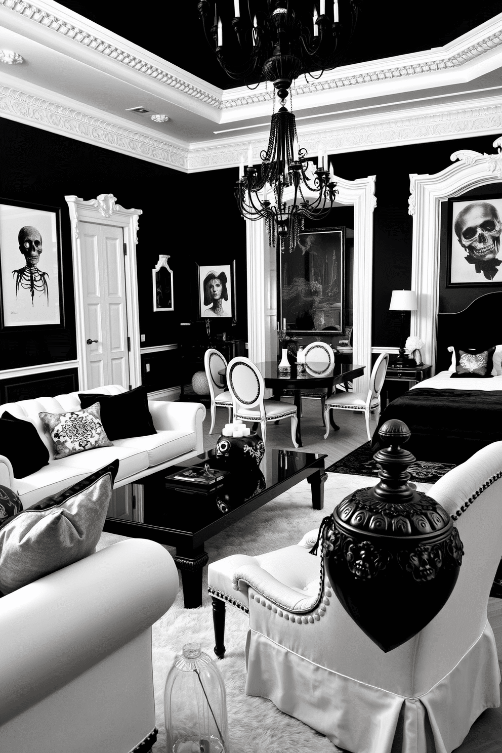 A hauntingly chic black and white theme fills the apartment with an air of elegance and mystery. The walls are painted in deep black, contrasting with white trim and ornate moldings that add a touch of sophistication. The living room features a plush white sofa adorned with black and silver throw pillows. A sleek black coffee table sits atop a soft white rug, creating a striking focal point in the space. In the dining area, a black dining table is surrounded by white chairs, each with intricate detailing. Centered above the table, a dramatic black chandelier casts an enchanting glow over the room. The bedroom embraces the theme with a black velvet headboard and crisp white linens. Black and white artwork adorns the walls, enhancing the overall haunting yet chic atmosphere. Throughout the apartment, carefully placed decorative elements like skull-shaped candles and elegant black vases contribute to the Halloween spirit. The combination of textures and colors creates an inviting yet spooky ambiance perfect for the season.