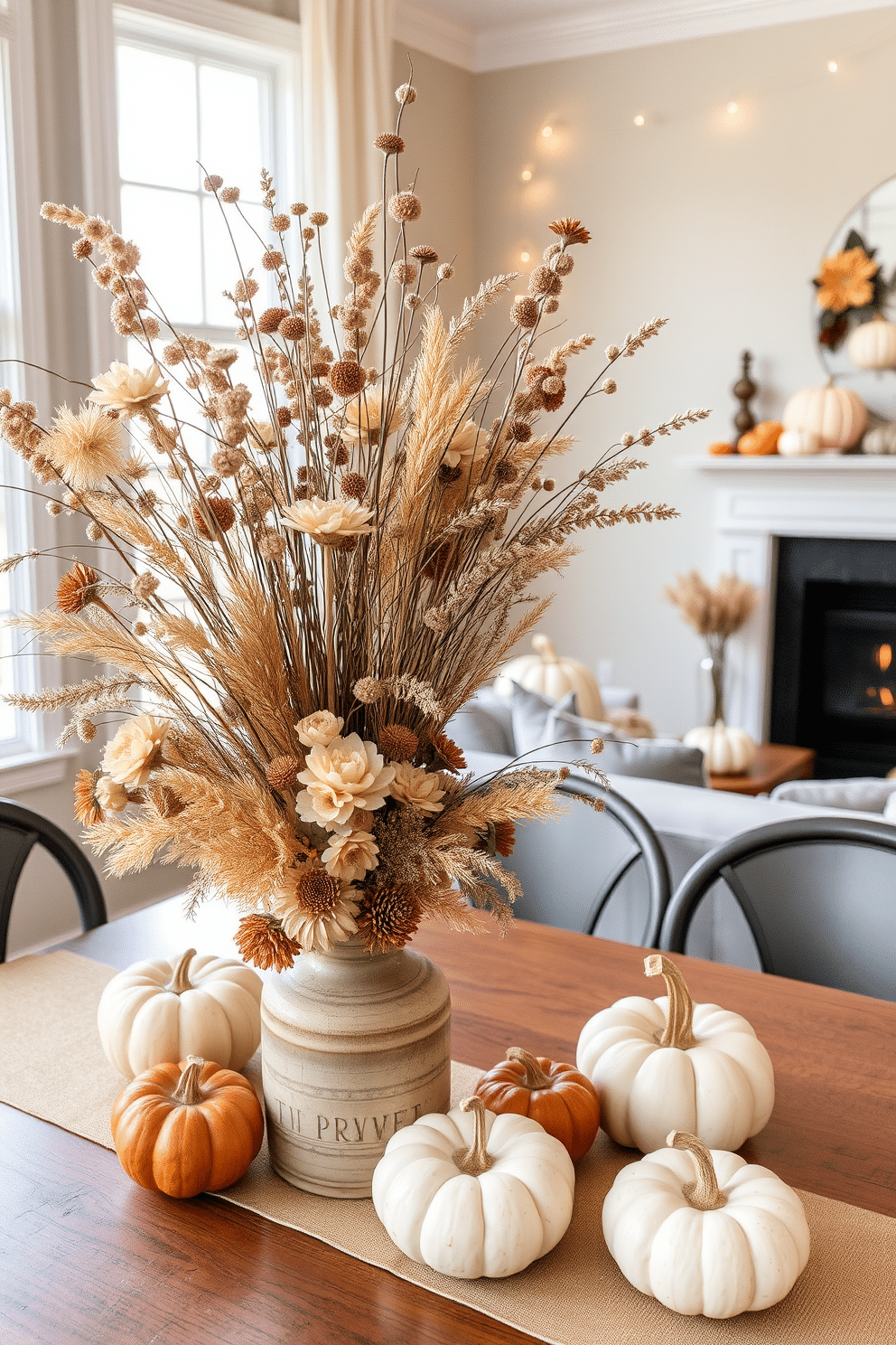 A stunning table centerpiece features an assortment of dried flowers in various shades of beige and brown. The arrangement is placed in a rustic ceramic vase, adding warmth to the dining table. For Halloween apartment decorating ideas, think of a cozy living room adorned with subtle autumn accents. Incorporate decorative pumpkins and string lights to create a festive yet sophisticated ambiance.