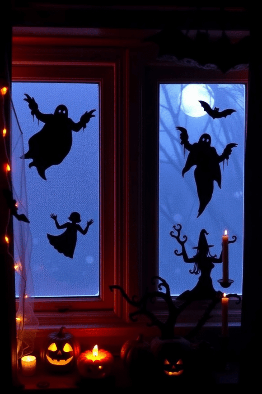 Spooky silhouettes in window frames create an eerie atmosphere for Halloween. The soft glow of orange lights illuminates the darkened room, enhancing the ghostly figures that dance in the night. Halloween apartment decorating ideas include a mix of playful and chilling elements. Incorporate cobwebs, carved pumpkins, and flickering candles to set the perfect seasonal mood.