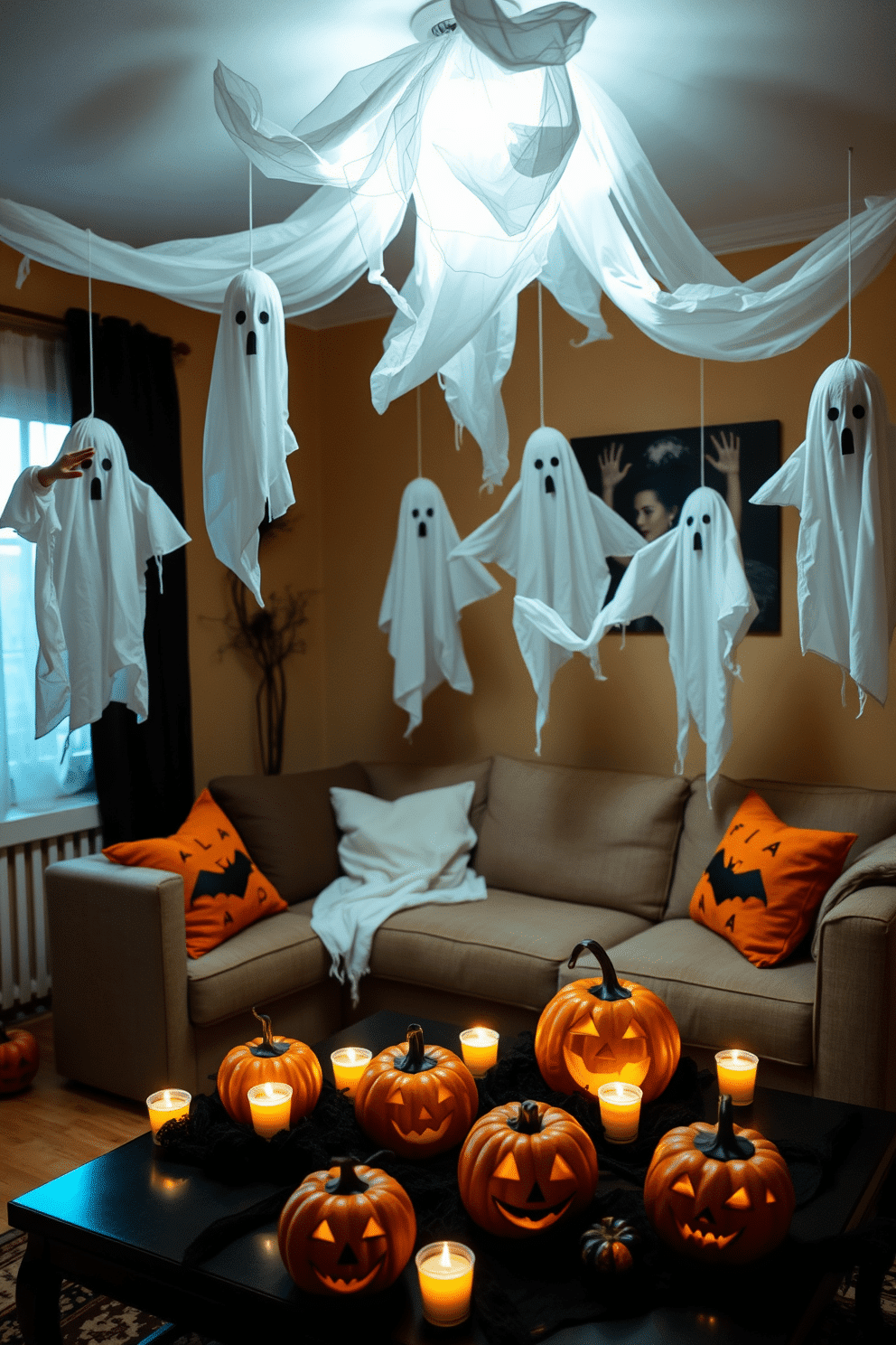 A whimsical Halloween apartment setting. Ghostly figures made from white sheets dangle from the ceiling, creating a playful yet spooky atmosphere. The living room features a cozy couch adorned with orange and black throw pillows. Jack-o'-lanterns sit on the coffee table, surrounded by flickering LED candles for an enchanting glow.