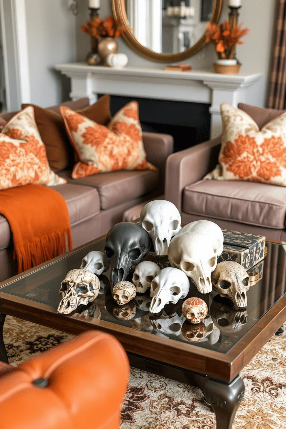 A stylish coffee table adorned with decorative skulls in various sizes and finishes. Surrounding the table, cozy seating with rich textures and autumn-inspired accents creates a festive yet elegant atmosphere.