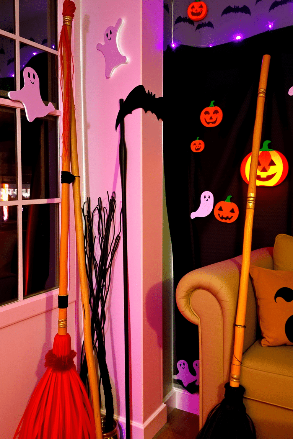 A cozy Halloween-themed apartment setting. Witch broomsticks lean in the corners, adding a whimsical touch to the decor. The walls are adorned with playful ghost and pumpkin decorations. Soft orange and purple lighting creates a festive atmosphere throughout the space.